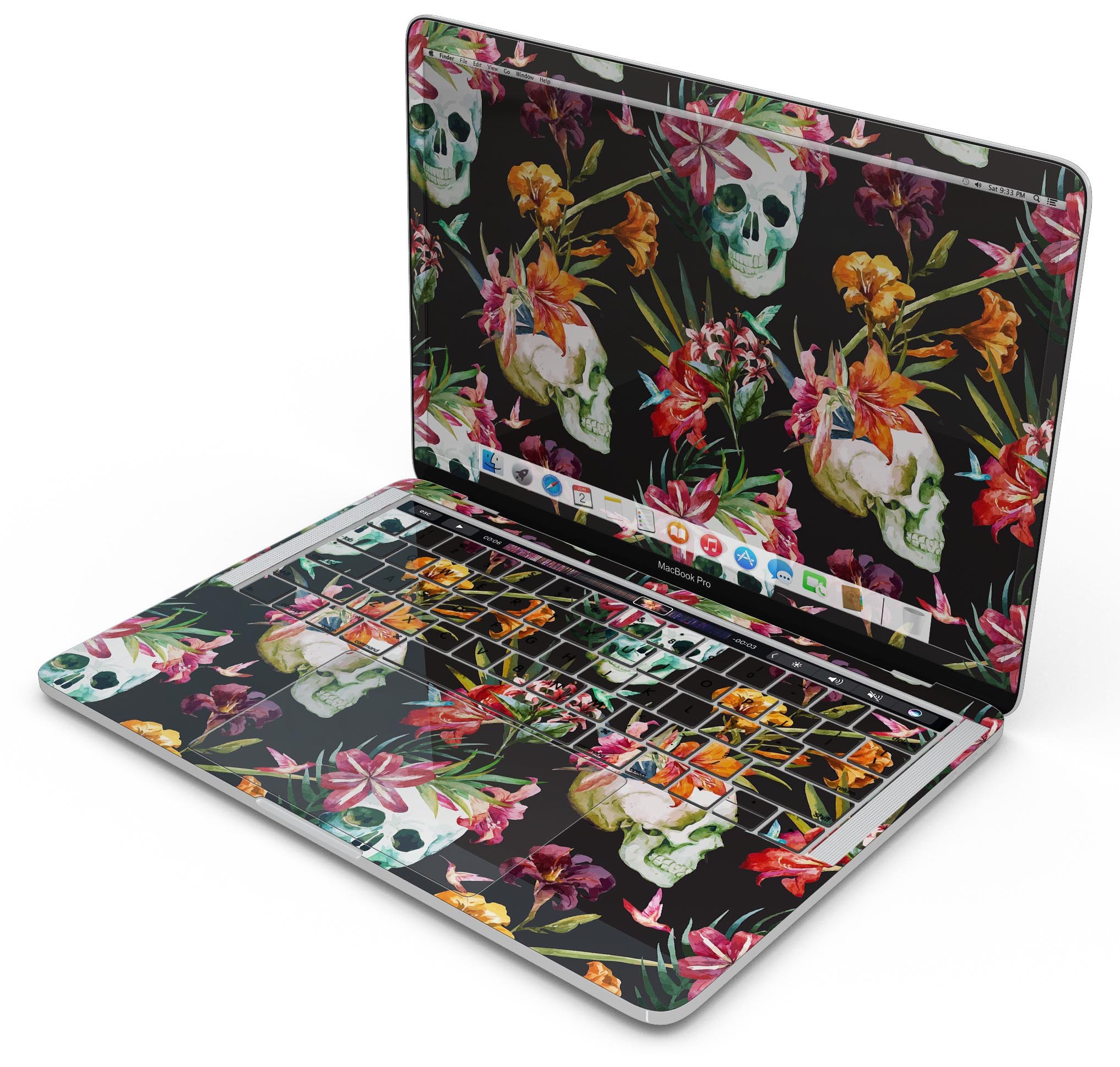 Tropical Skull Floral Skin Decal Wrap Kit for Apple MacBook, showcasing vibrant floral designs on a sleek vinyl surface.