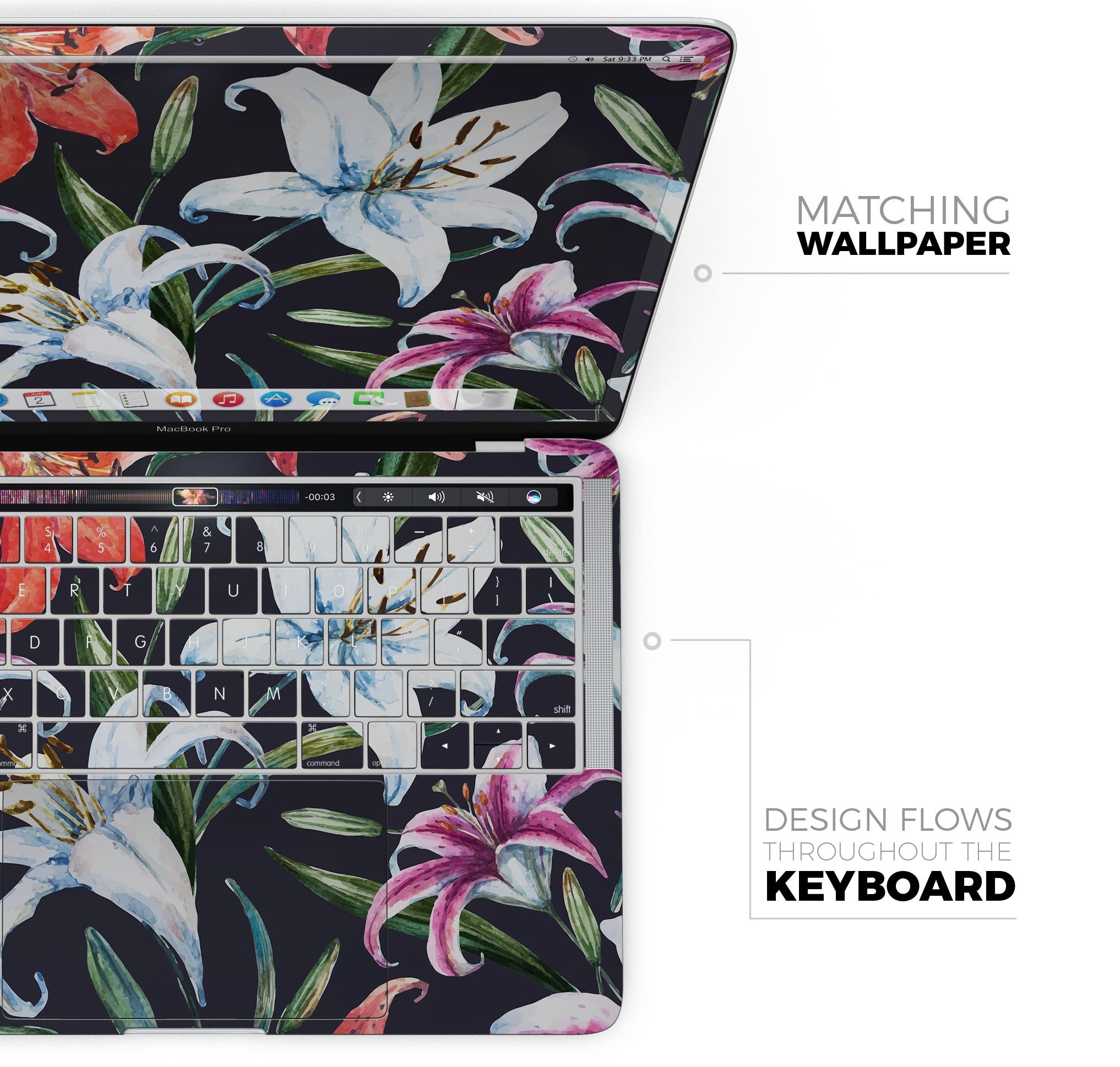 Tropical Summer Floral v3 Skin Decal Wrap Kit for MacBook, showcasing vibrant floral design and premium vinyl material.