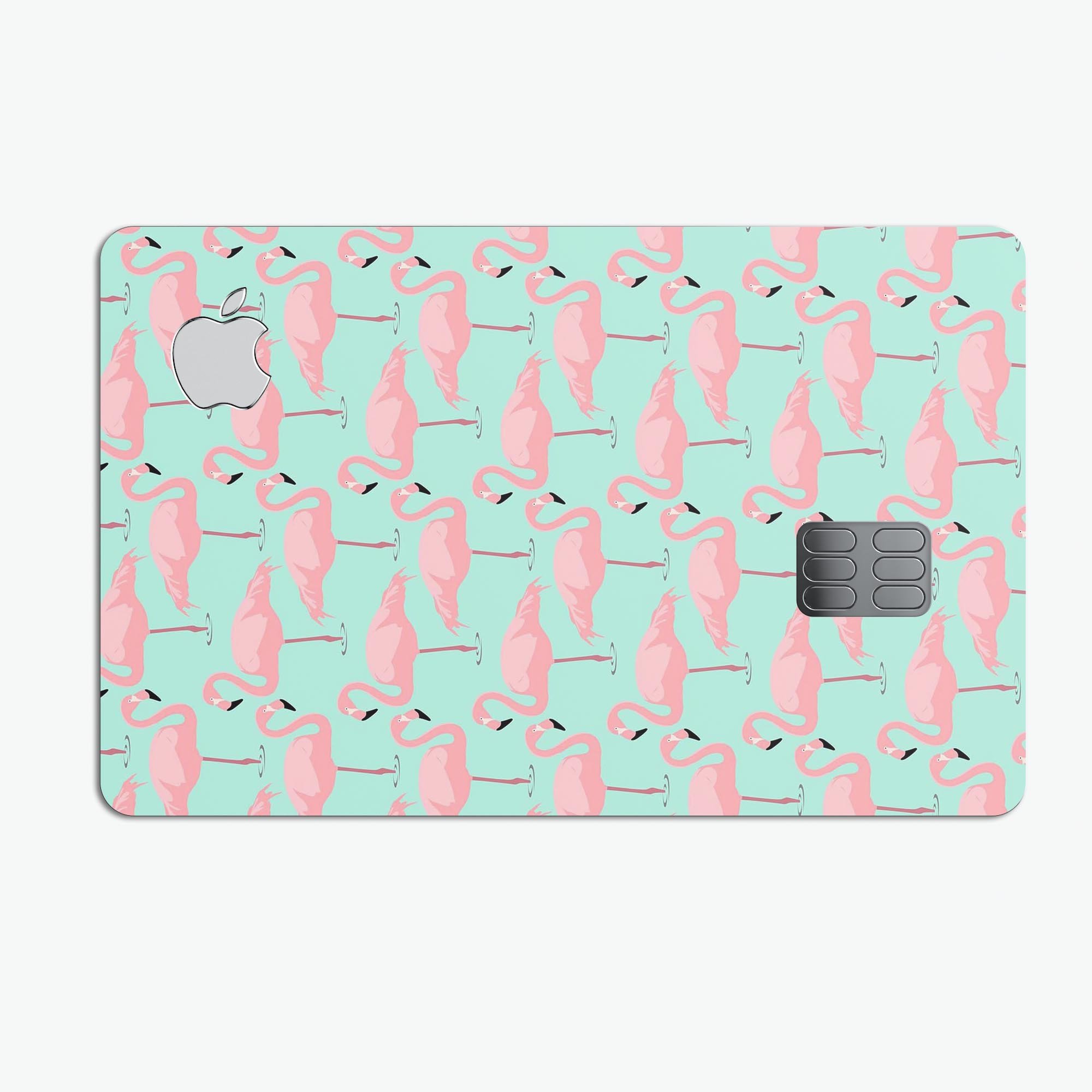 Tropical Twist Flamingos skin kit for Apple Card, showcasing vibrant colors and premium vinyl material.