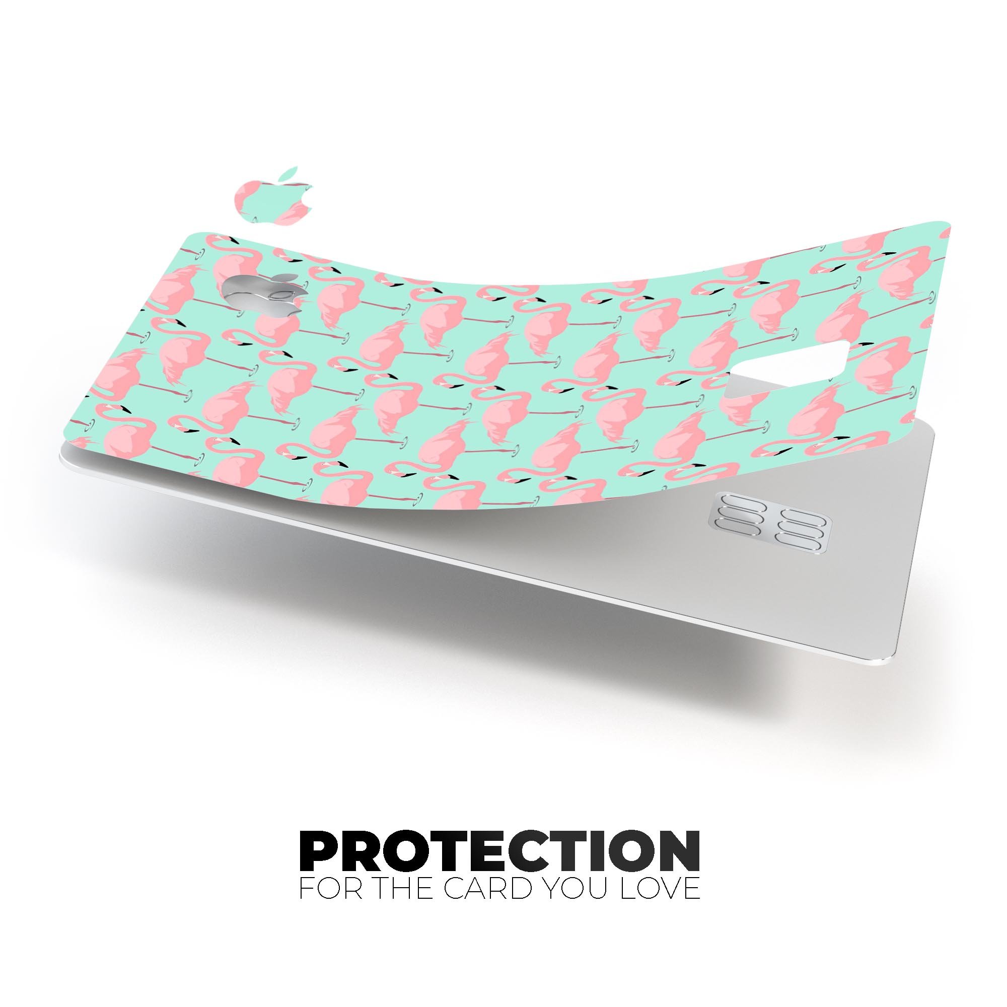 Tropical Twist Flamingos skin kit for Apple Card, showcasing vibrant colors and premium vinyl material.