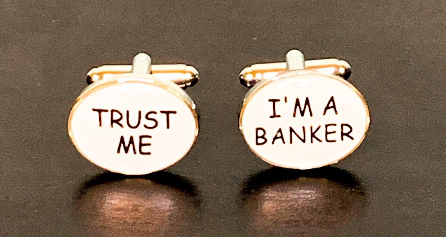 Trust Me I'm A Banker Cufflinks featuring a stylish design perfect for finance professionals.