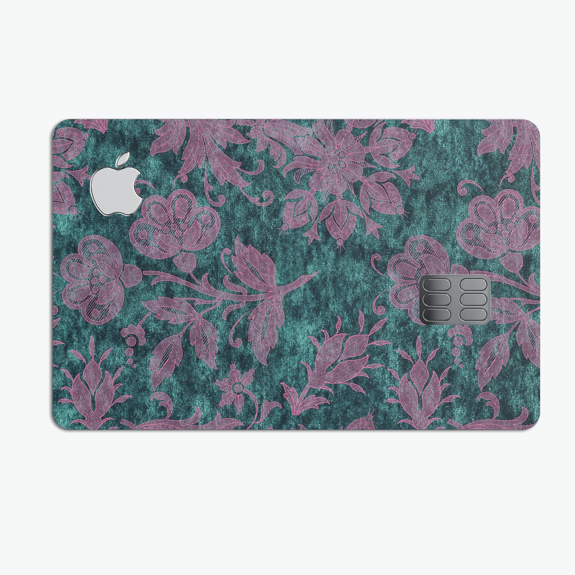 Turquoise and Burgundy Floral Velvet decal for Apple Card, showcasing vibrant floral design and premium quality.