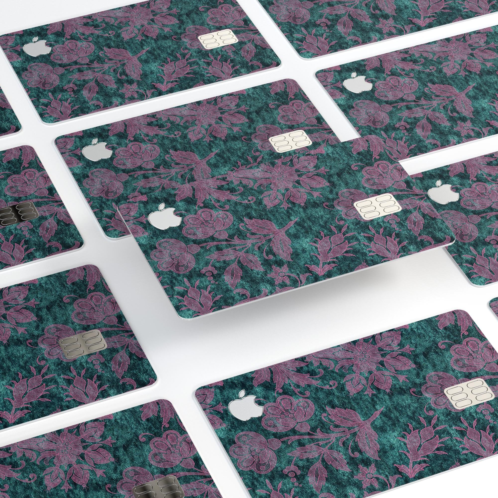 Turquoise and Burgundy Floral Velvet decal for Apple Card, showcasing vibrant floral design and premium quality.