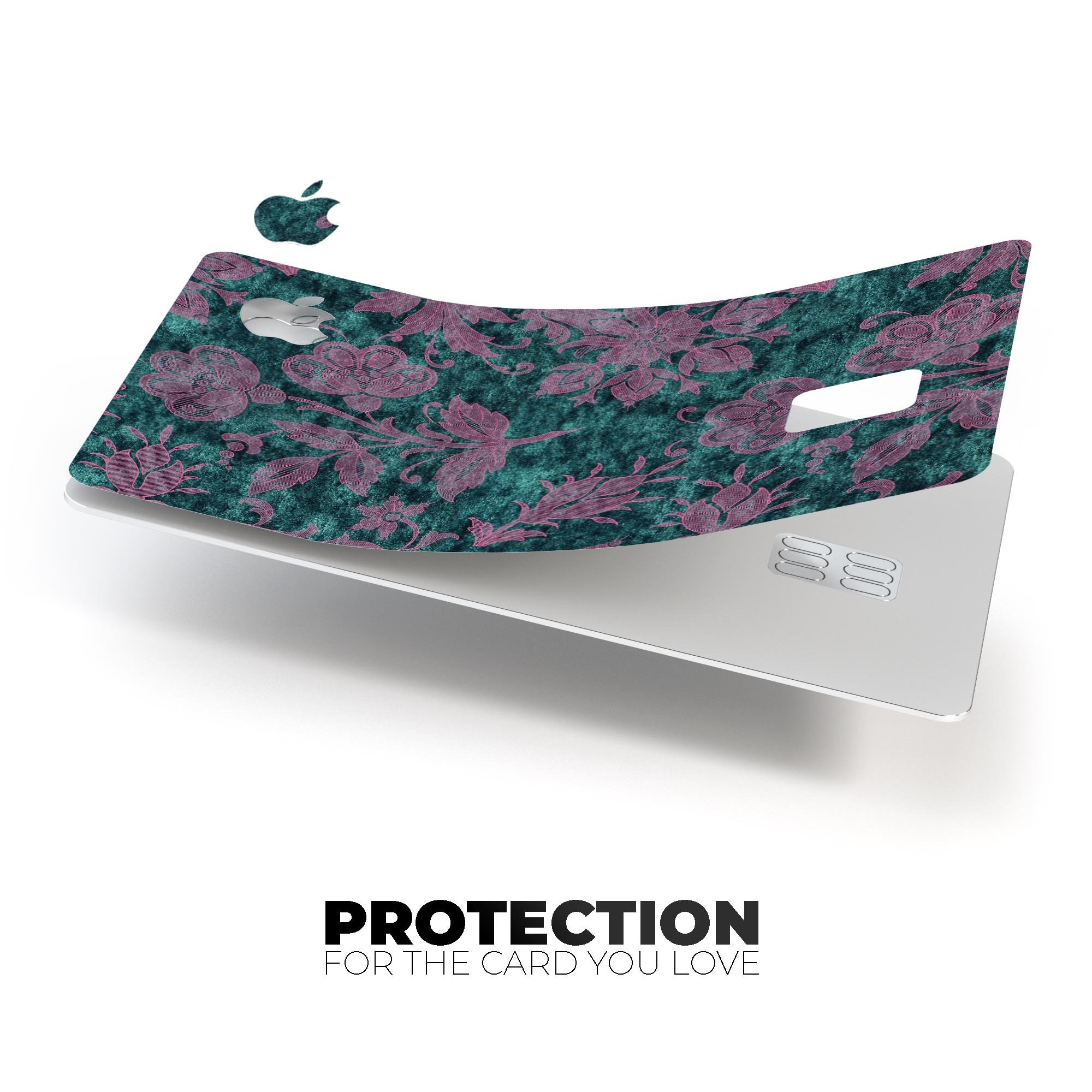 Turquoise and Burgundy Floral Velvet decal for Apple Card, showcasing vibrant floral design and premium quality.