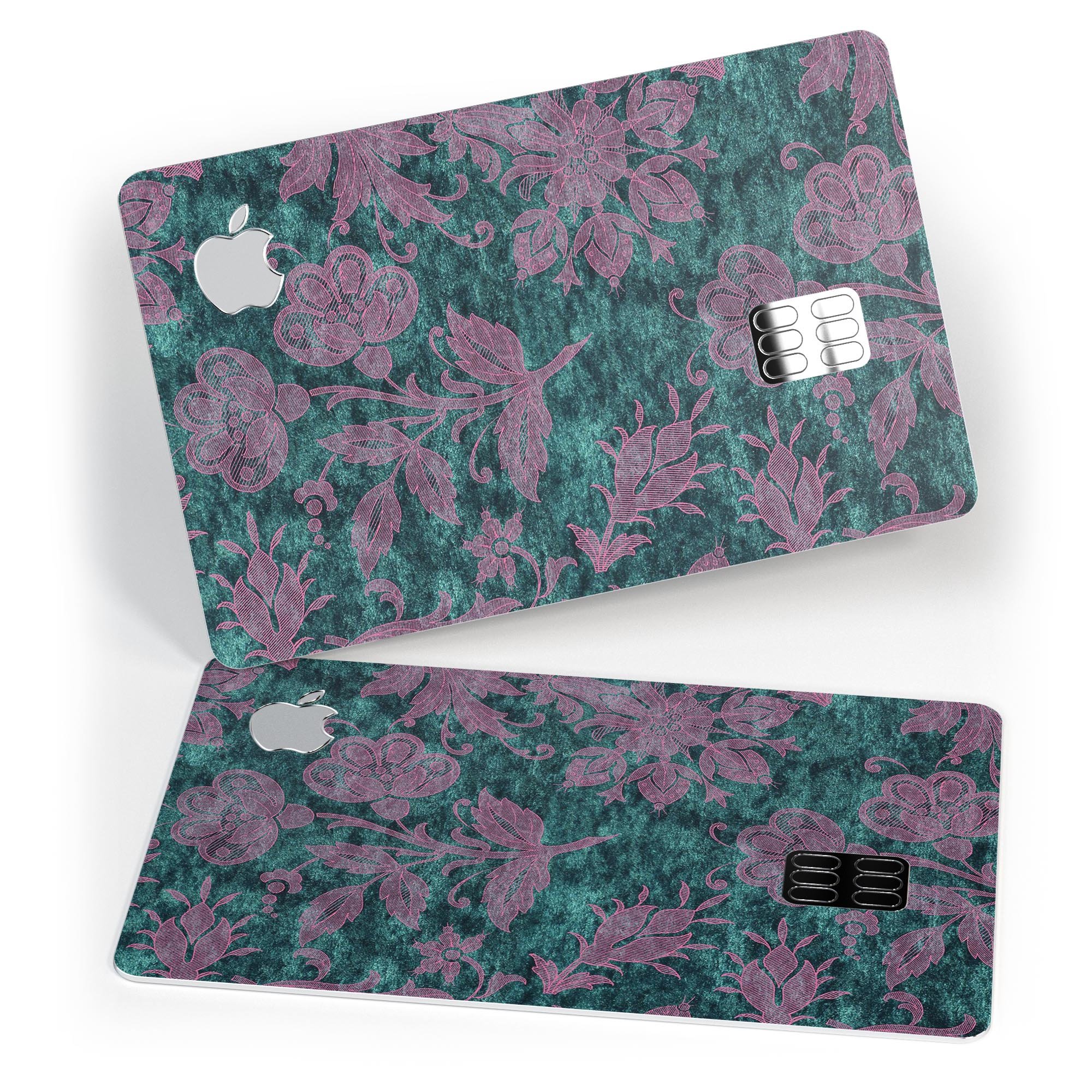 Turquoise and Burgundy Floral Velvet decal for Apple Card, showcasing vibrant floral design and premium quality.