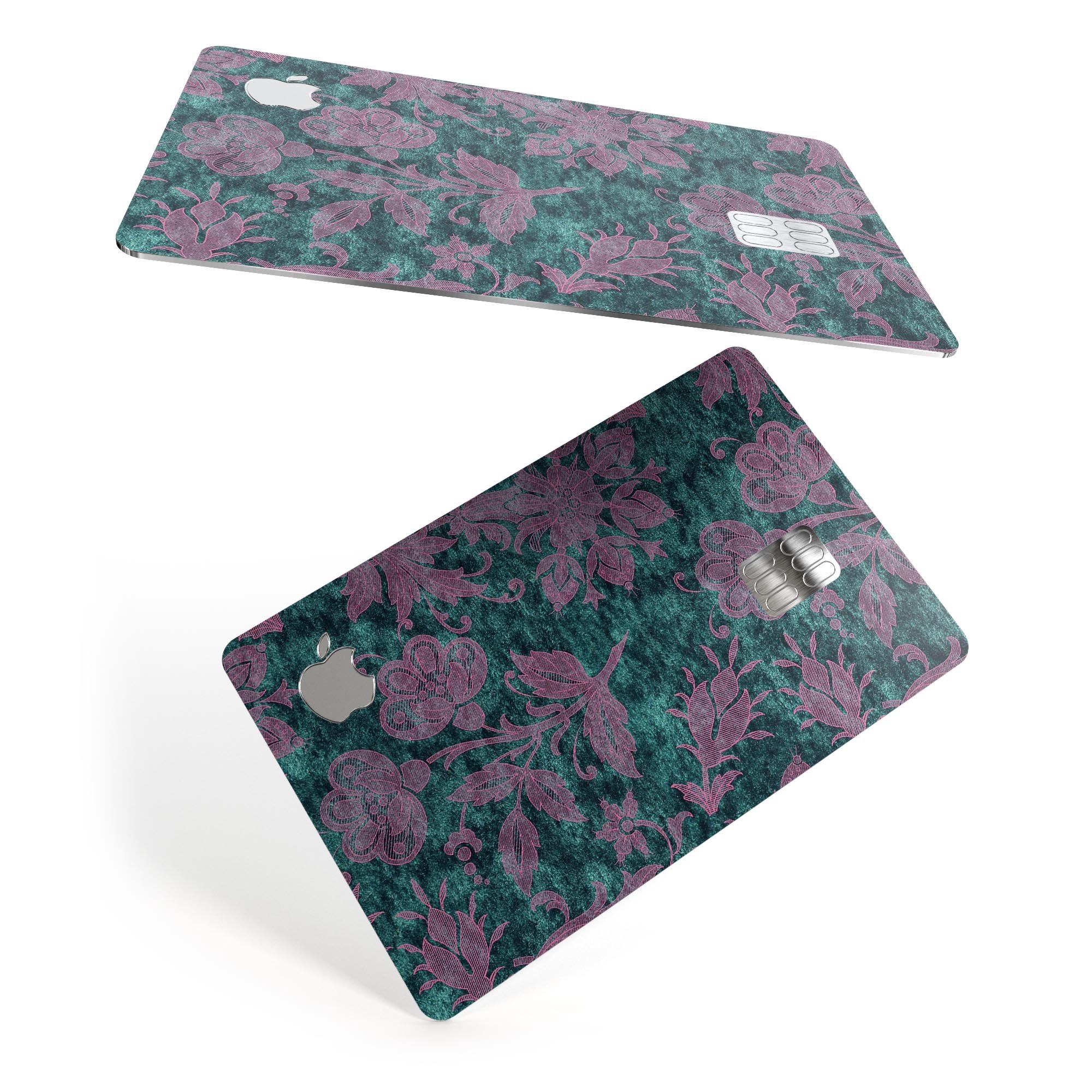 Turquoise and Burgundy Floral Velvet decal for Apple Card, showcasing vibrant floral design and premium quality.