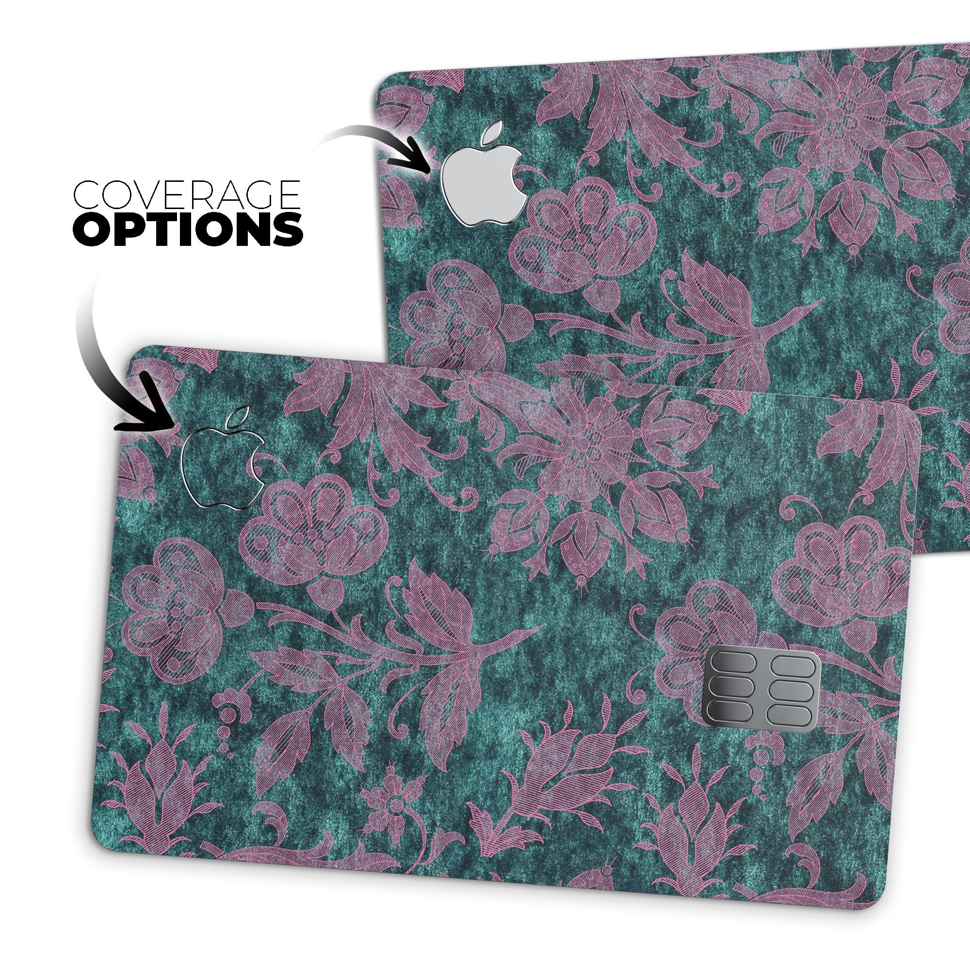 Turquoise and Burgundy Floral Velvet decal for Apple Card, showcasing vibrant floral design and premium quality.