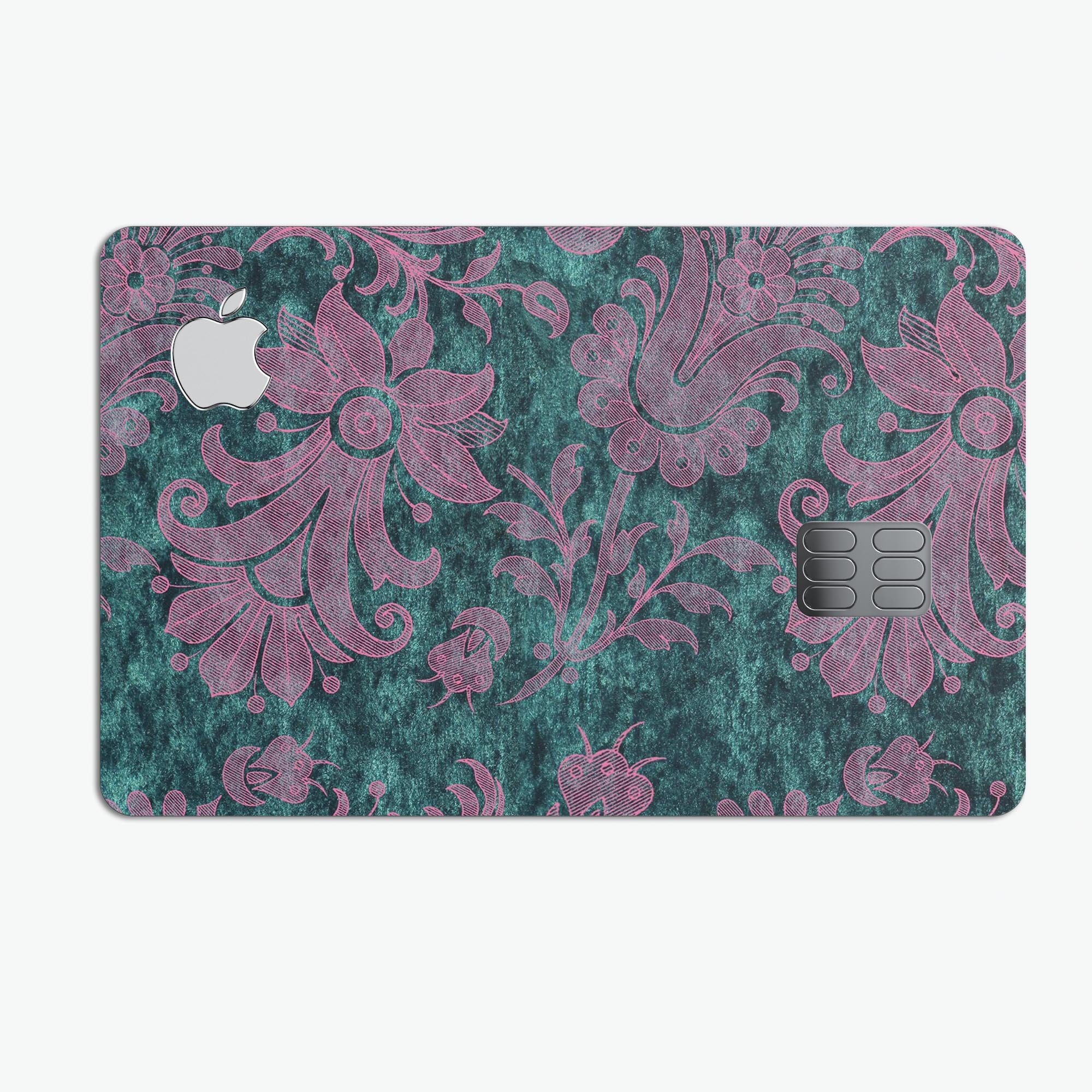 Turquoise and burgundy floral velvet decal for Apple Card, showcasing vibrant colors and intricate floral patterns.