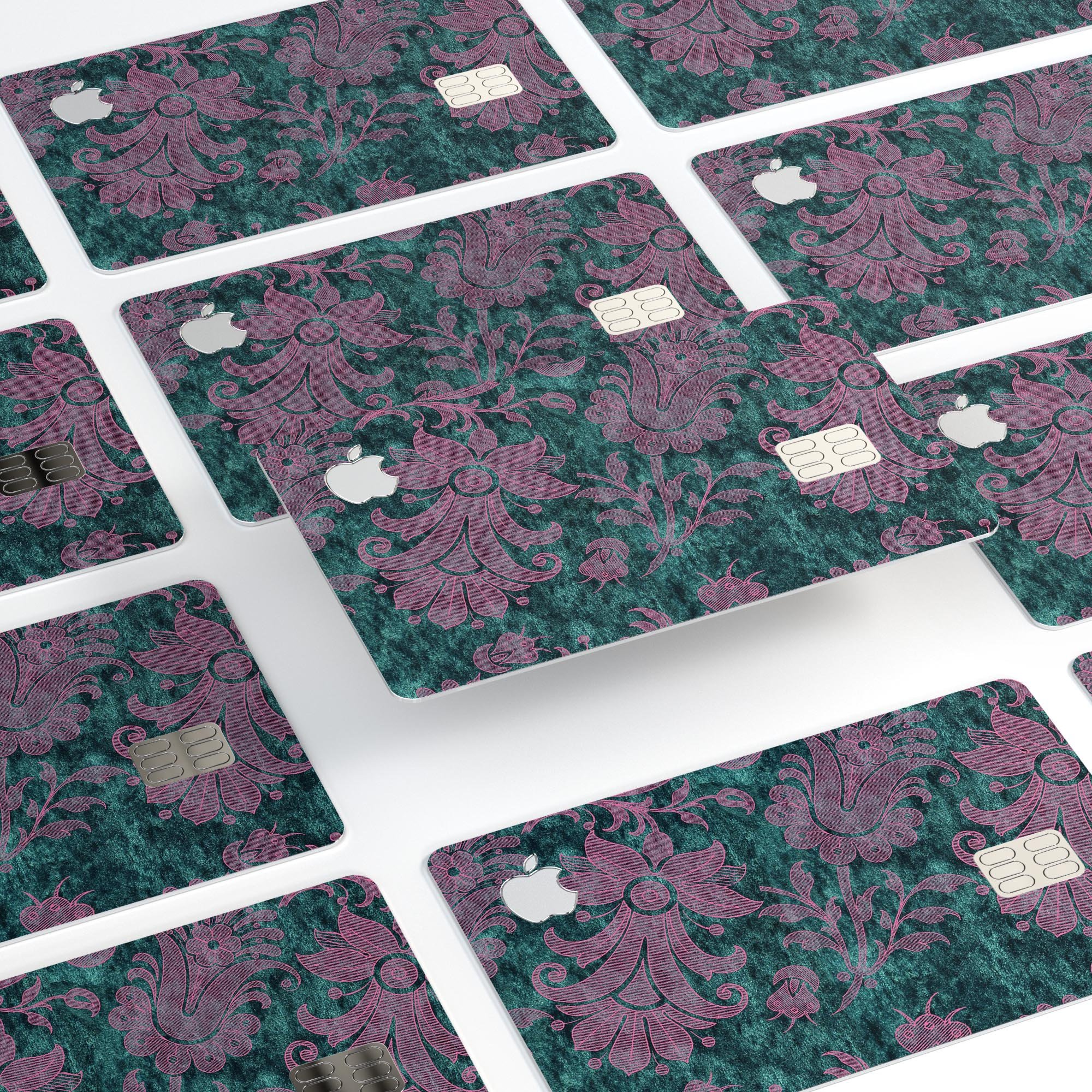 Turquoise and burgundy floral velvet decal for Apple Card, showcasing vibrant colors and intricate floral patterns.