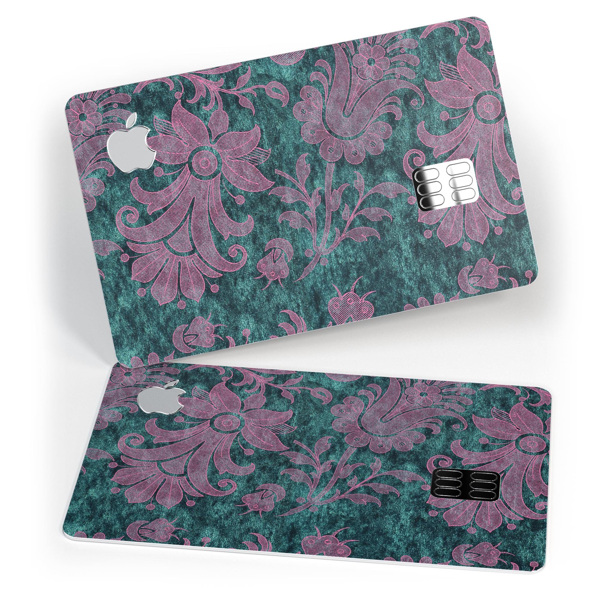 Turquoise and burgundy floral velvet decal for Apple Card, showcasing vibrant colors and intricate floral patterns.