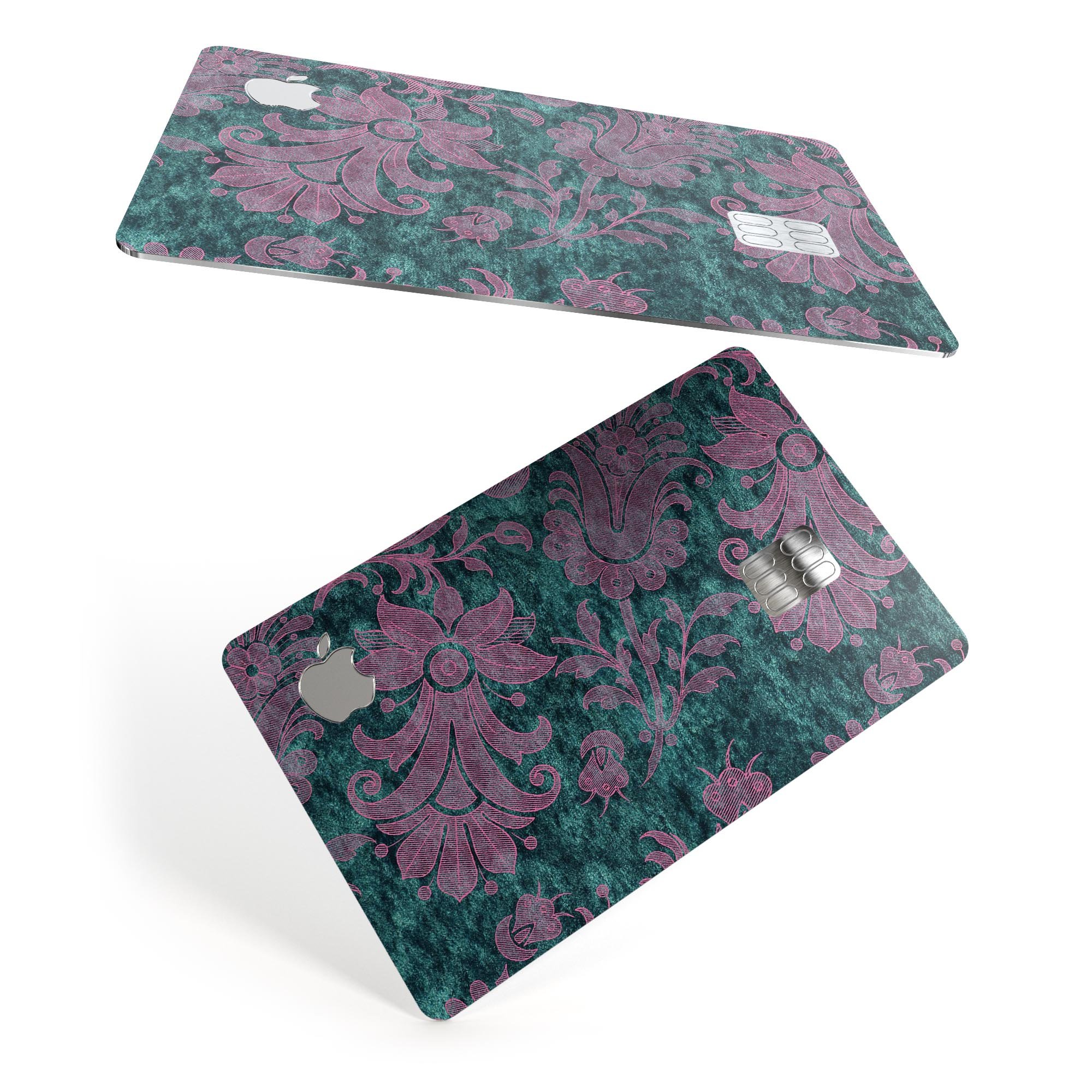 Turquoise and burgundy floral velvet decal for Apple Card, showcasing vibrant colors and intricate floral patterns.