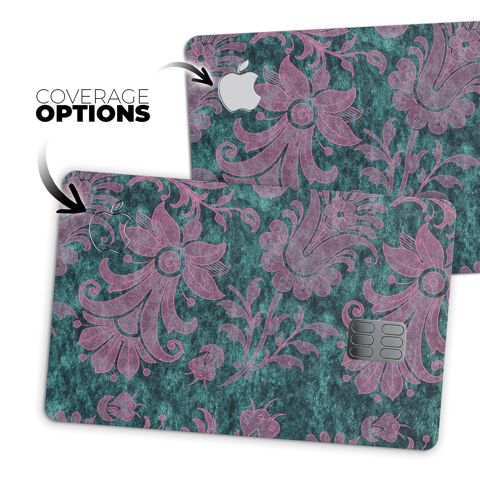 Turquoise and burgundy floral velvet decal for Apple Card, showcasing vibrant colors and intricate floral patterns.