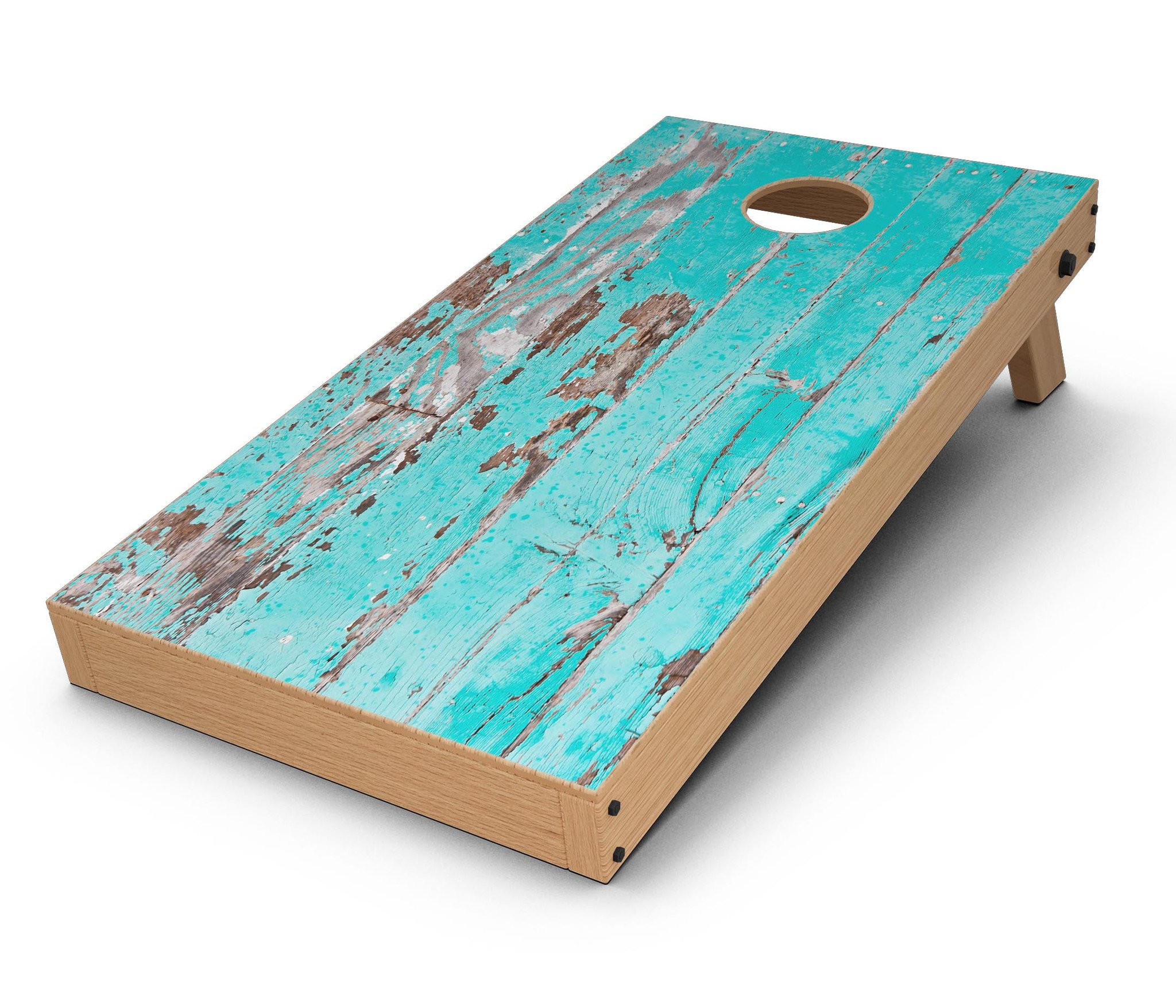 Turquoise chipped paint vinyl decal applied on a Cornhole board, showcasing a stylish and vibrant design.