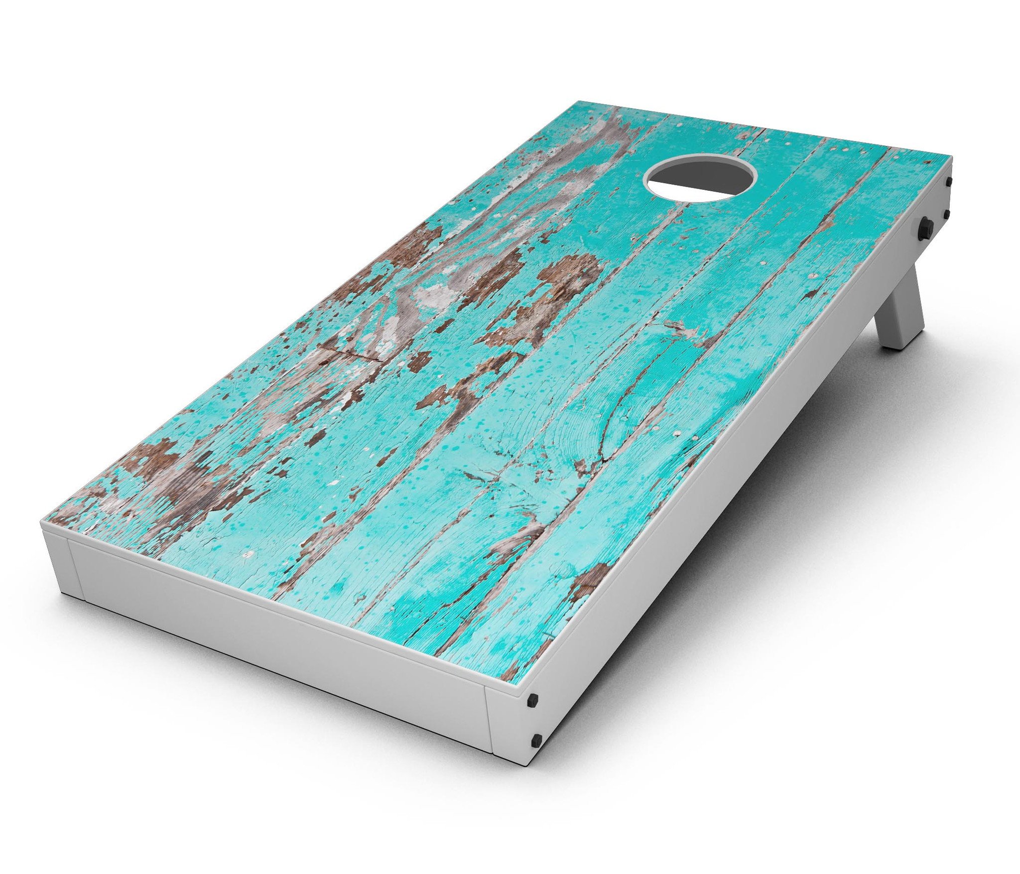 Turquoise chipped paint vinyl decal applied on a Cornhole board, showcasing a stylish and vibrant design.