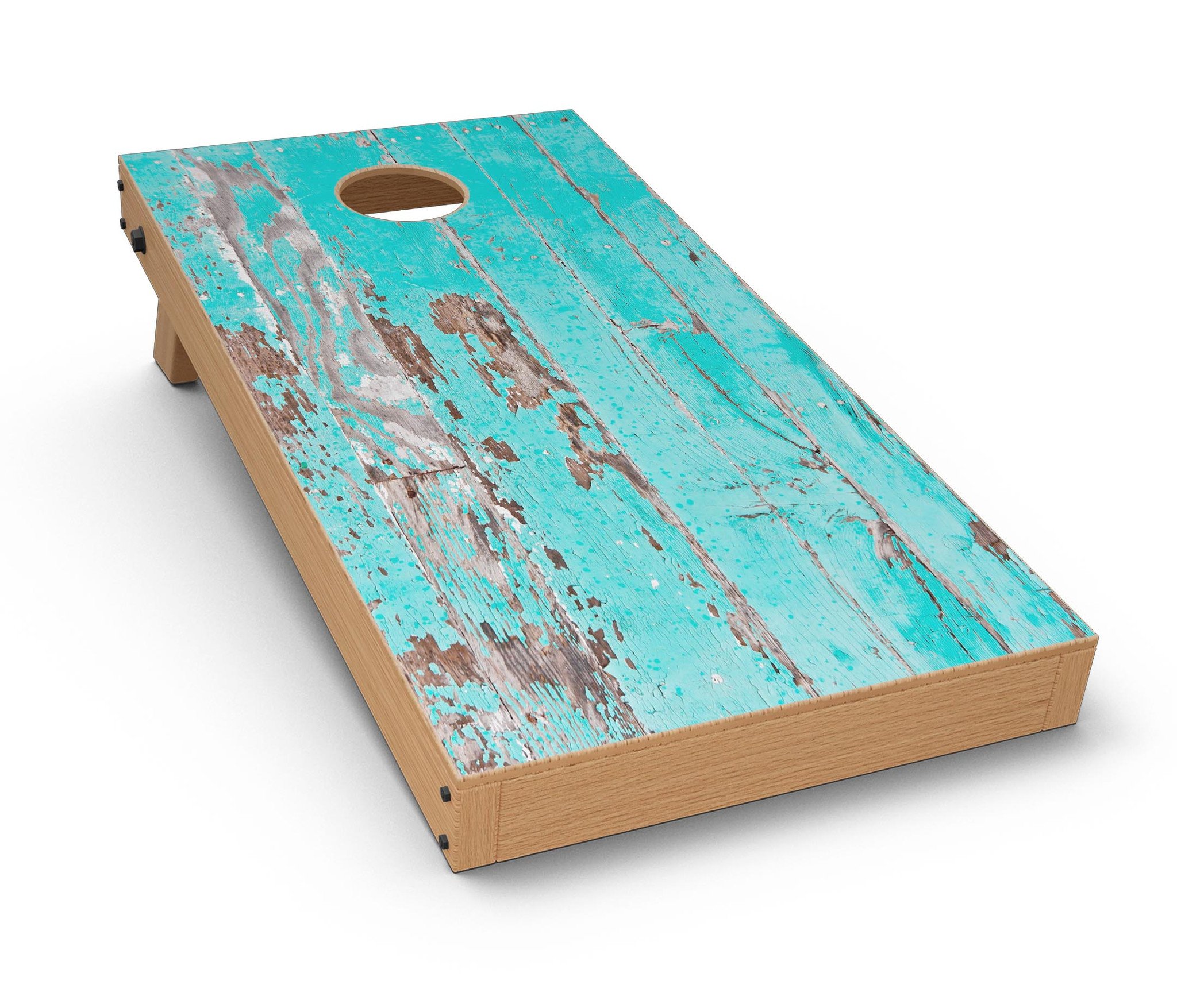 Turquoise chipped paint vinyl decal applied on a Cornhole board, showcasing a stylish and vibrant design.