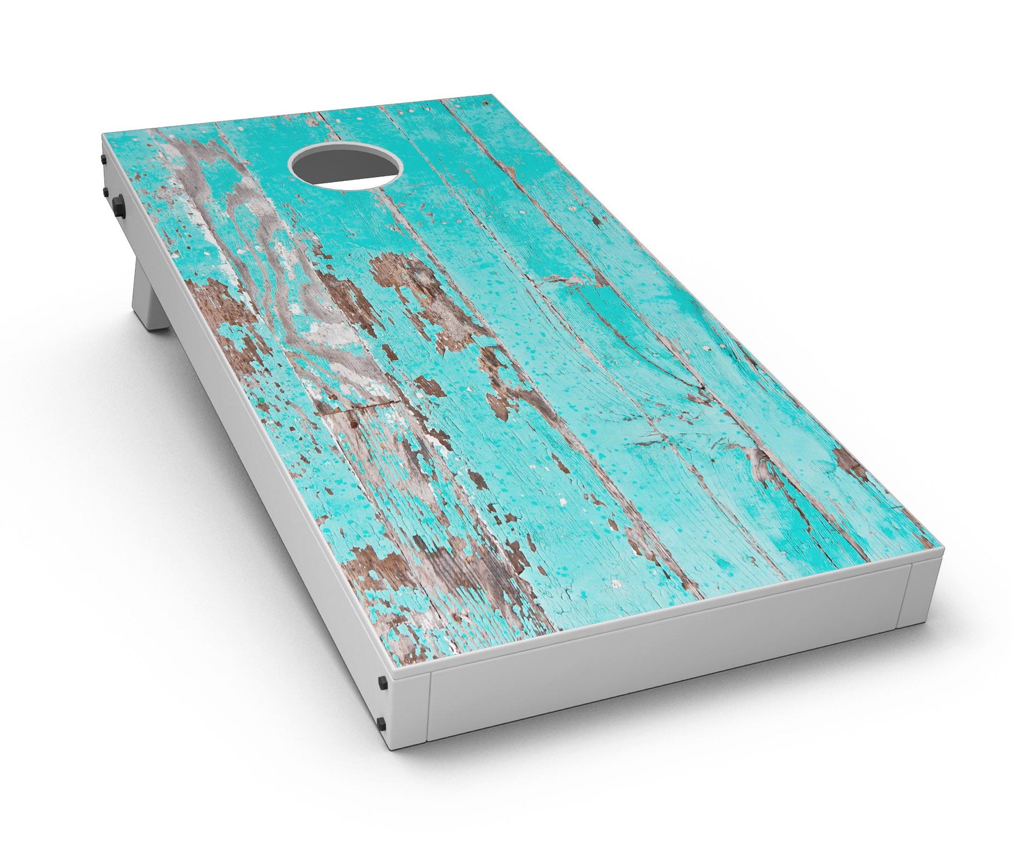 Turquoise chipped paint vinyl decal applied on a Cornhole board, showcasing a stylish and vibrant design.