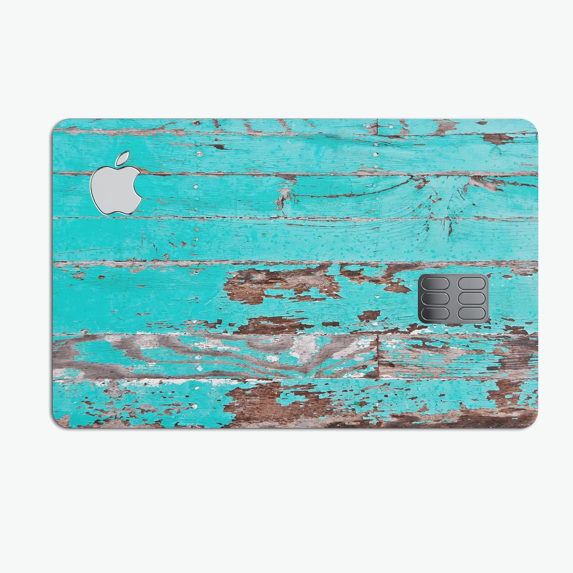 Turquoise Chipped Paint skin on an Apple Card, showcasing its vibrant design and protective features.