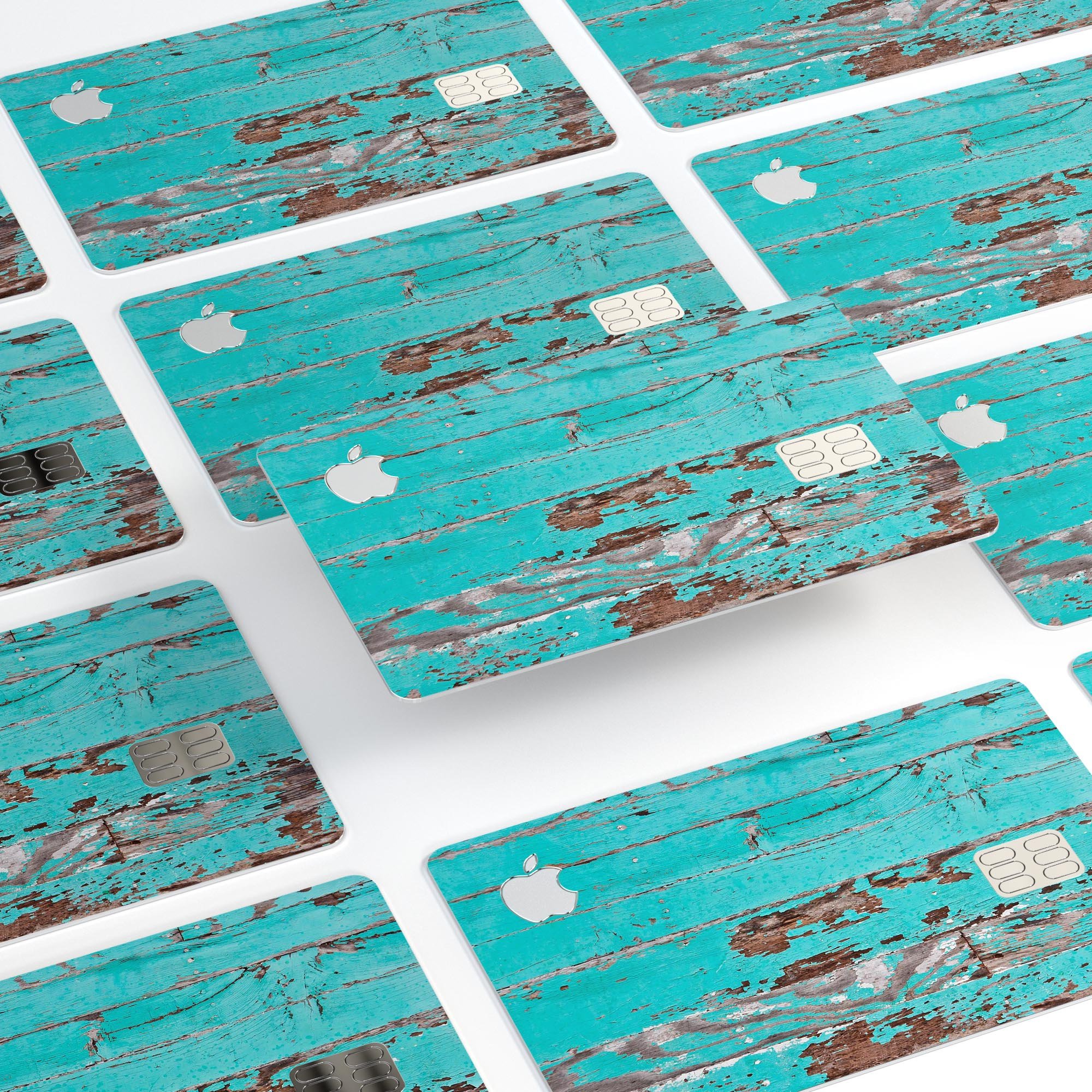 Turquoise Chipped Paint skin on an Apple Card, showcasing its vibrant design and protective features.