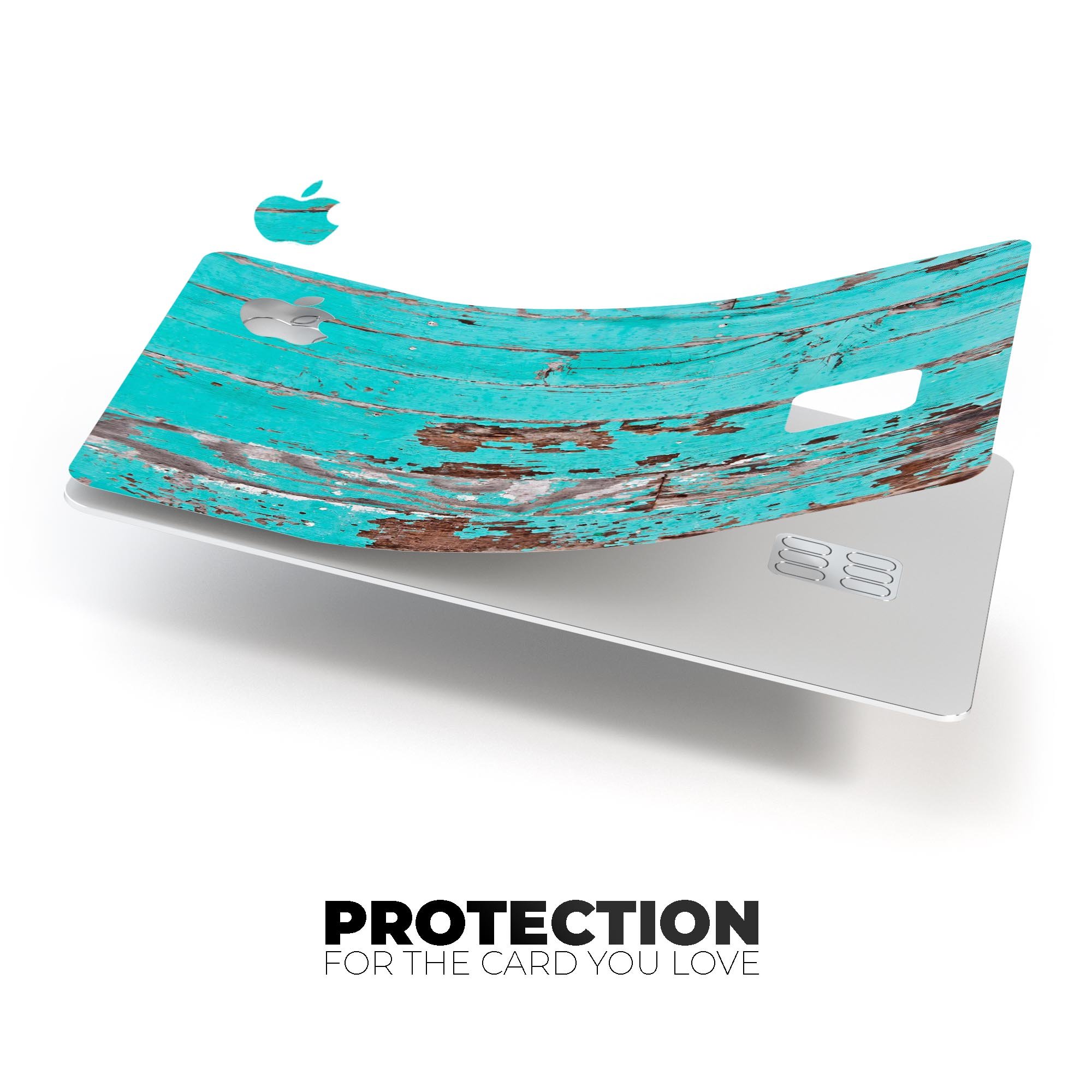 Turquoise Chipped Paint skin on an Apple Card, showcasing its vibrant design and protective features.