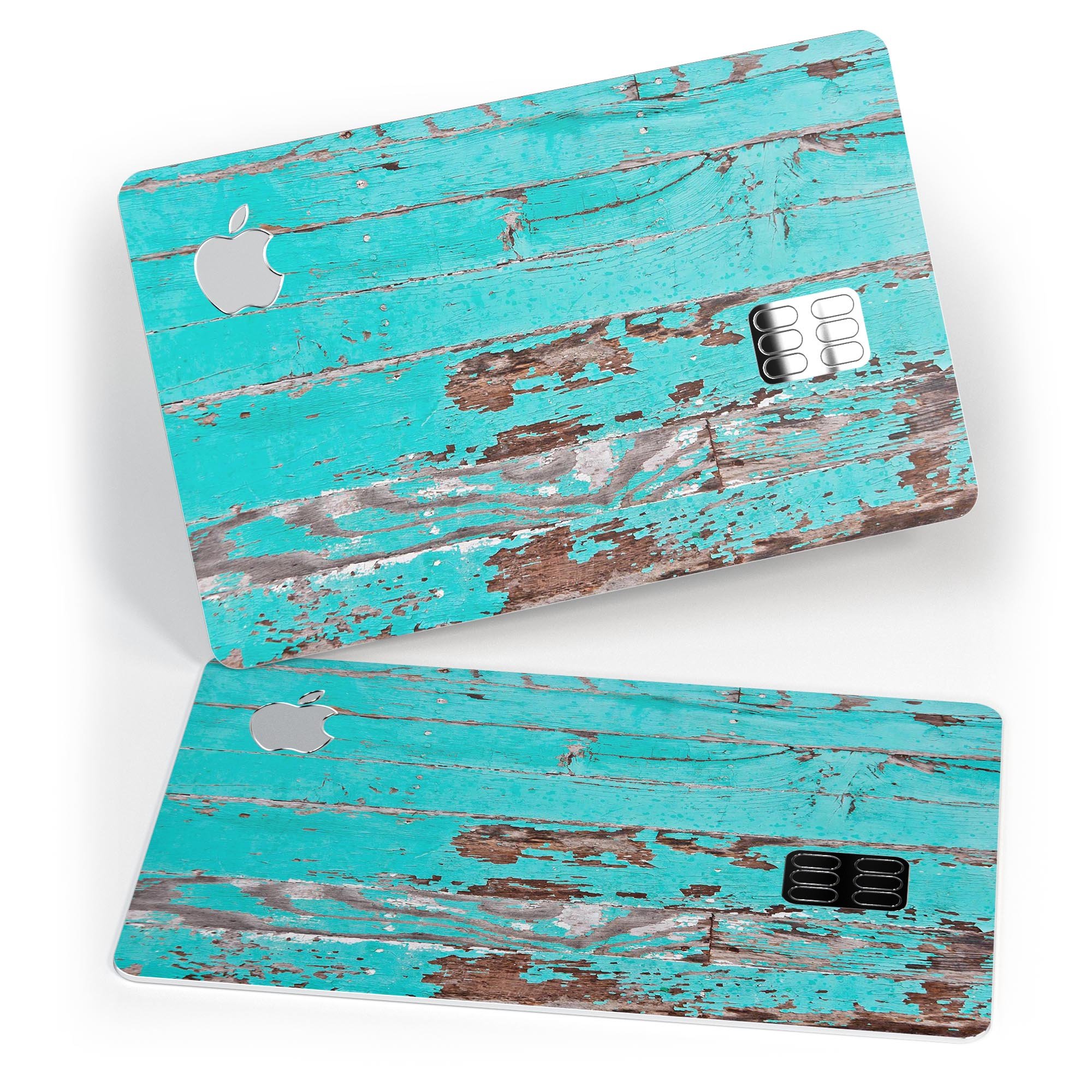 Turquoise Chipped Paint skin on an Apple Card, showcasing its vibrant design and protective features.