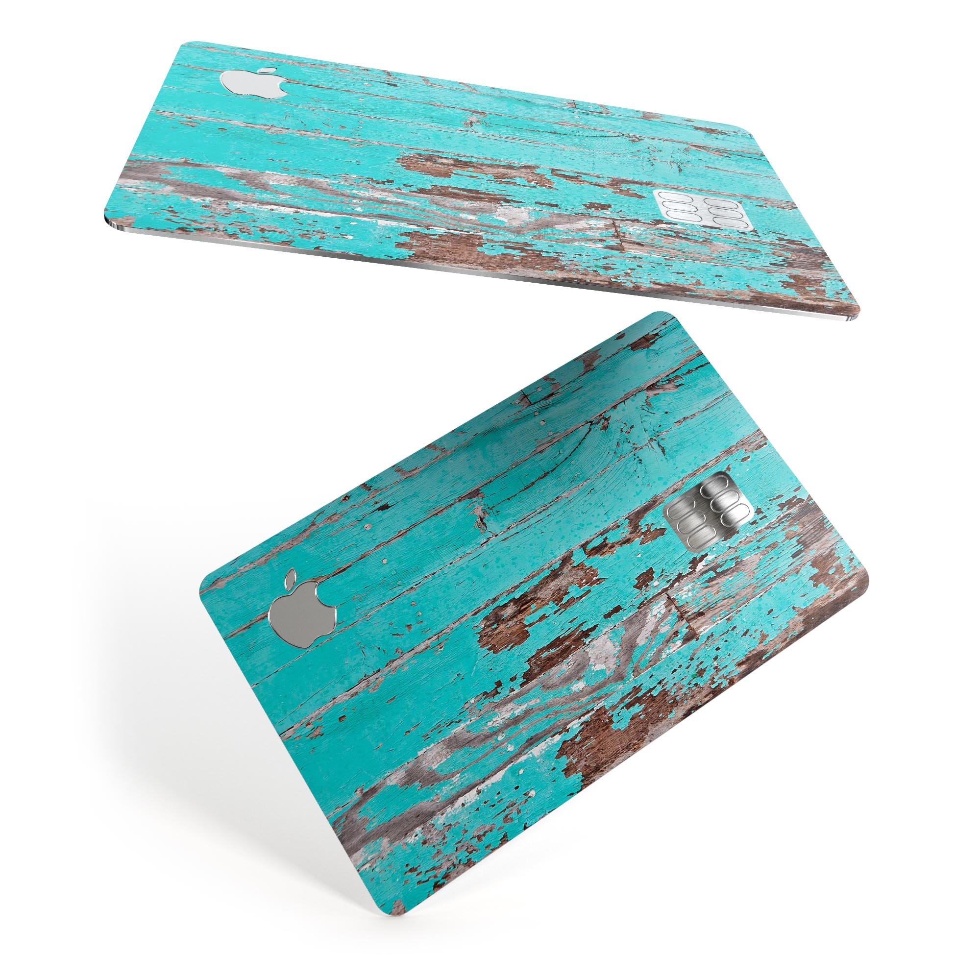 Turquoise Chipped Paint skin on an Apple Card, showcasing its vibrant design and protective features.