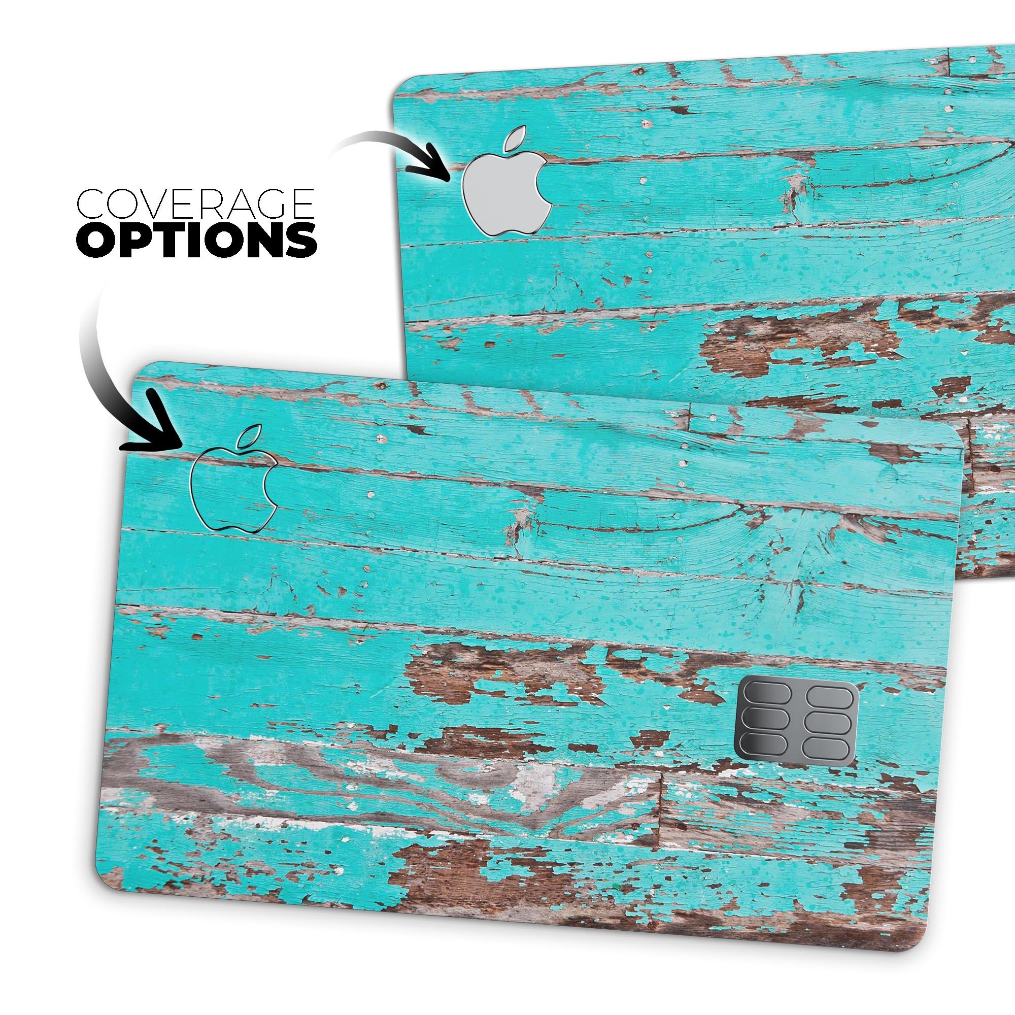 Turquoise Chipped Paint skin on an Apple Card, showcasing its vibrant design and protective features.