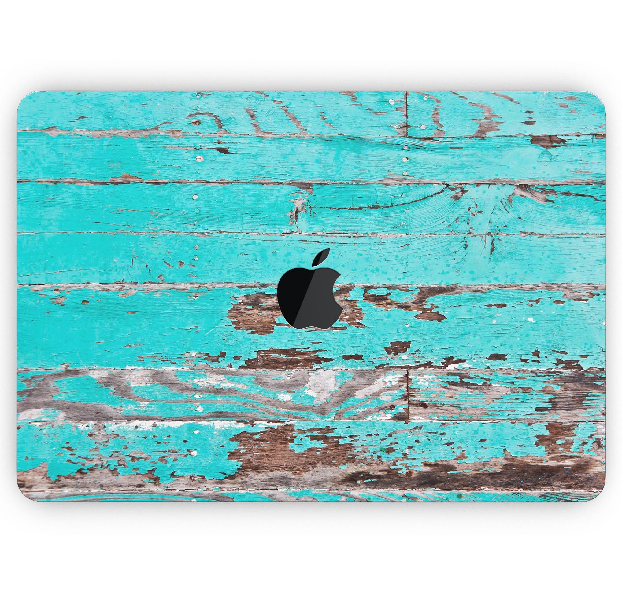 Turquoise Chipped Paint Skin Decal Wrap Kit for MacBook, showcasing vibrant colors and a stylish wood texture.