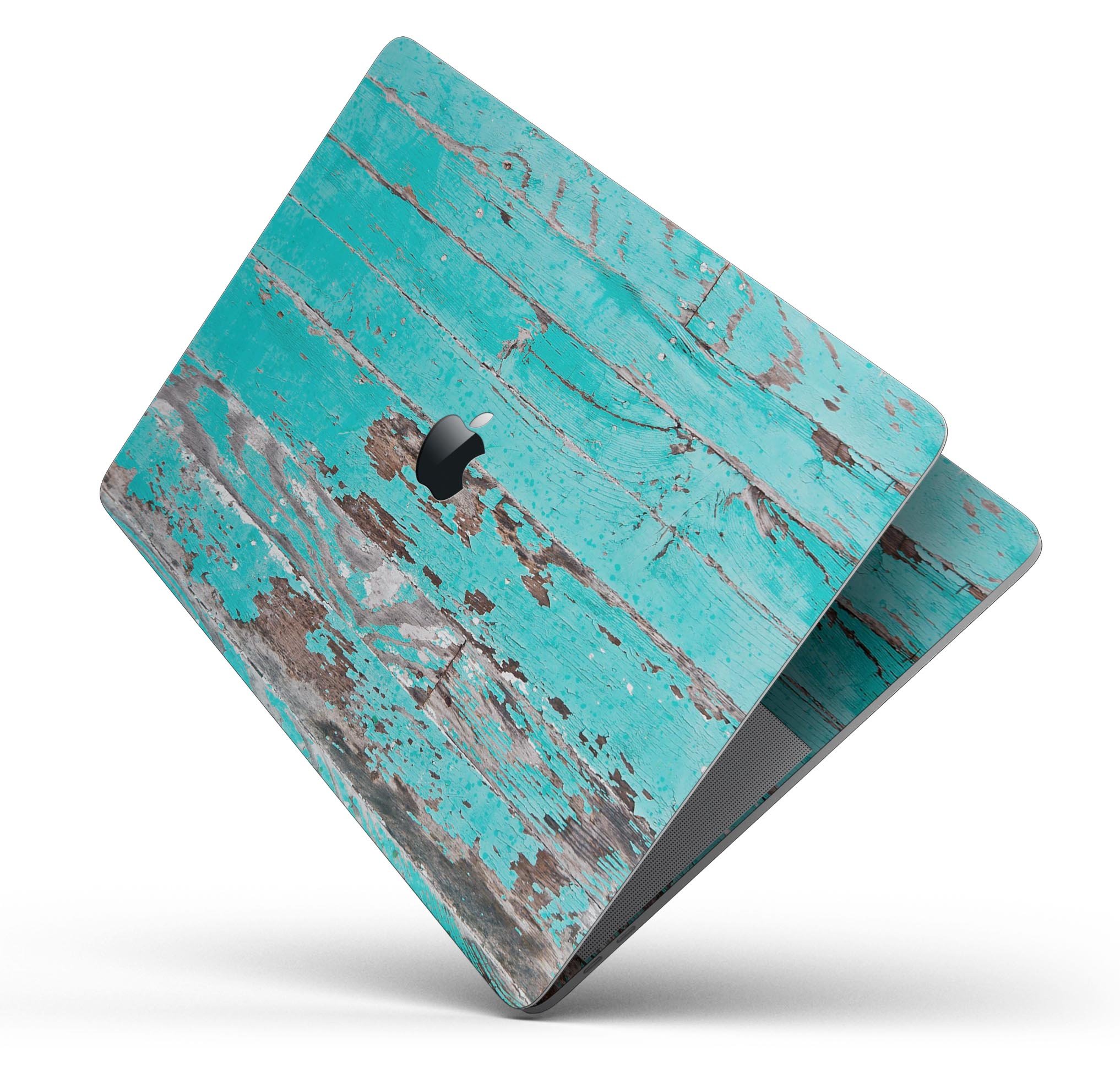 Turquoise Chipped Paint Skin Decal Wrap Kit for MacBook, showcasing vibrant colors and a stylish wood texture.