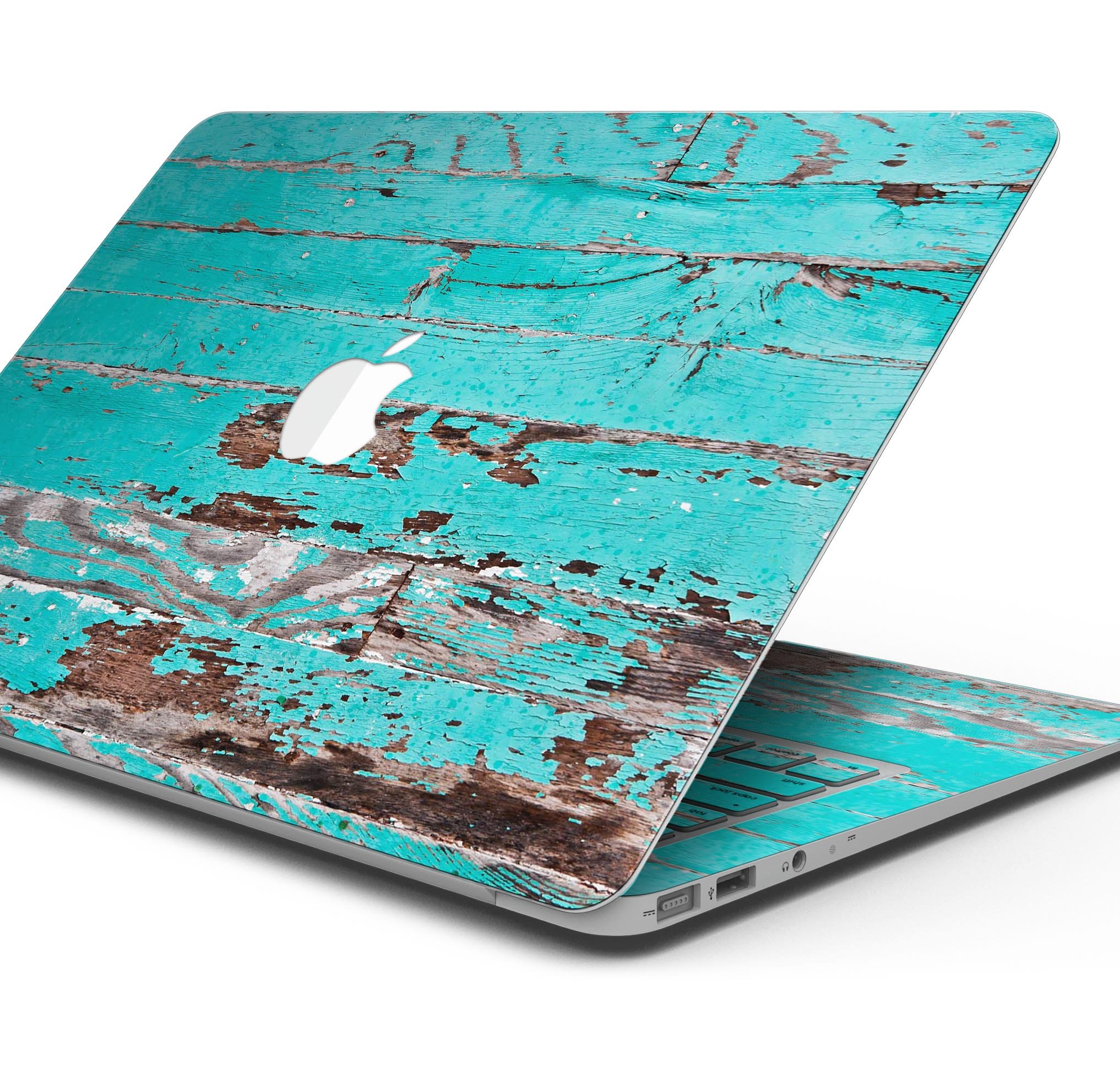 Turquoise Chipped Paint Skin Decal Wrap Kit for MacBook, showcasing vibrant colors and a stylish wood texture.