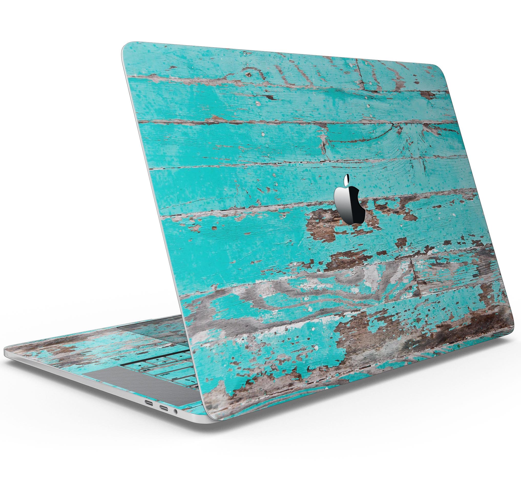 Turquoise Chipped Paint Skin Decal Wrap Kit for MacBook, showcasing vibrant colors and a stylish wood texture.