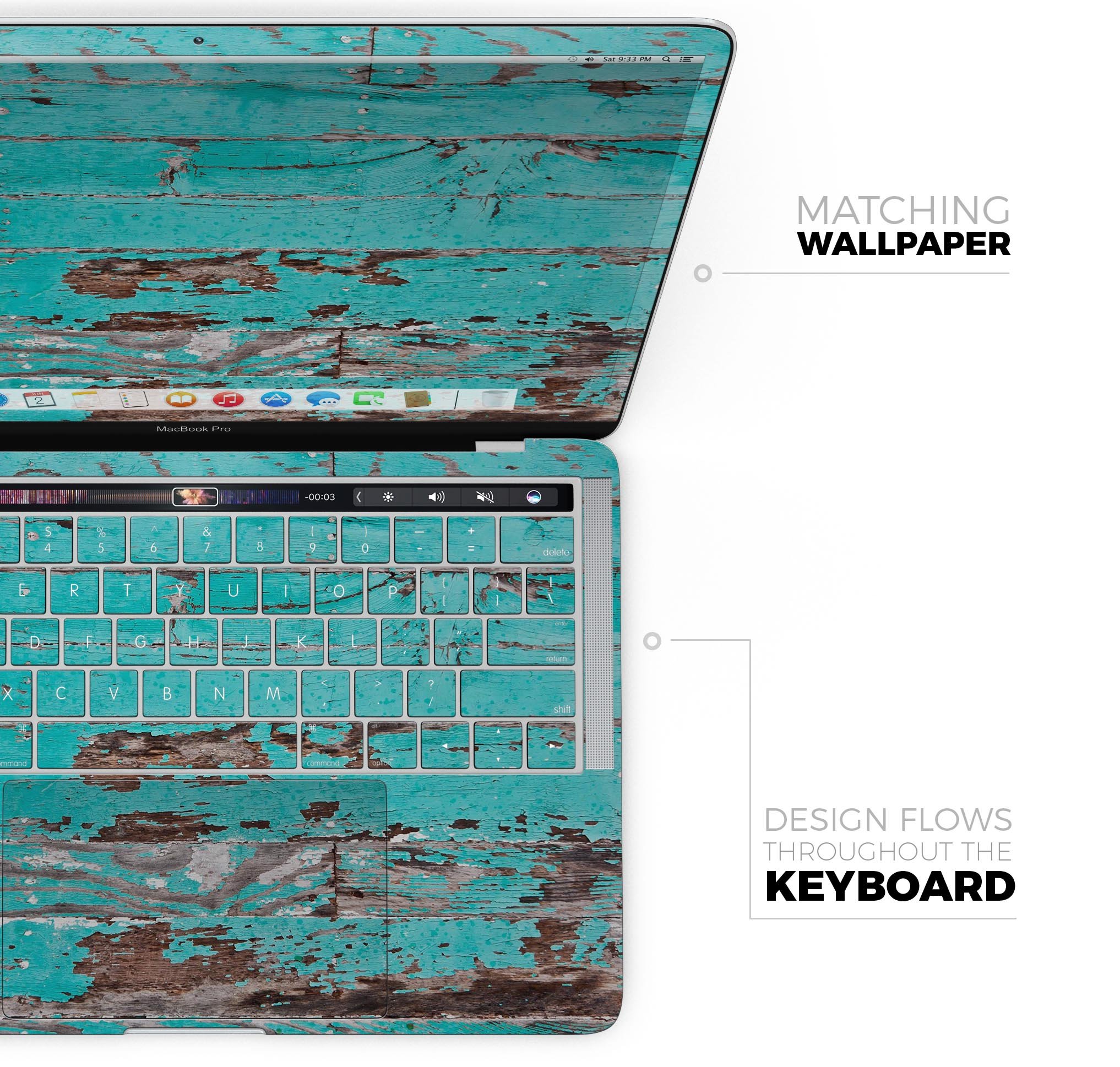 Turquoise Chipped Paint Skin Decal Wrap Kit for MacBook, showcasing vibrant colors and a stylish wood texture.