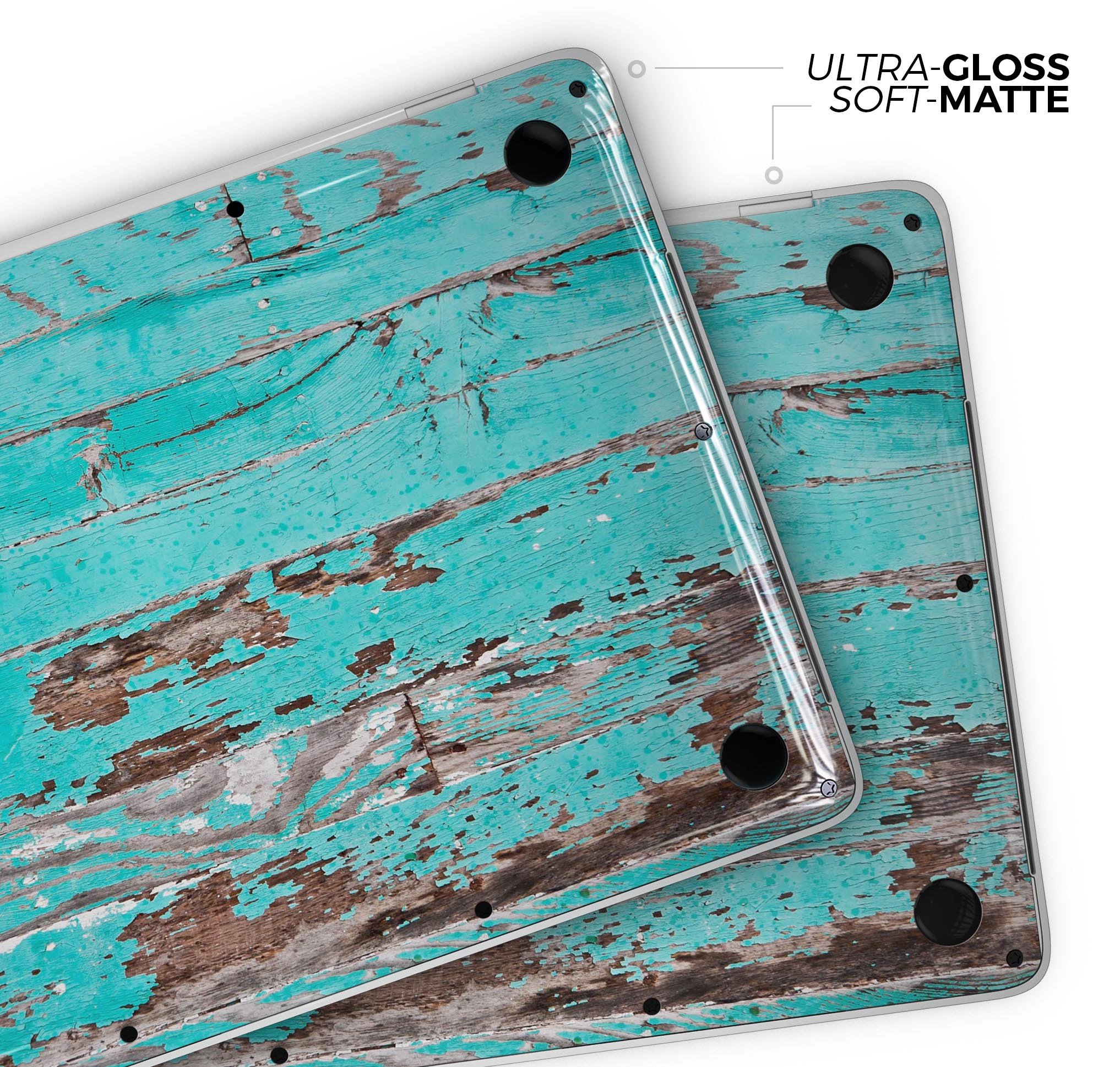 Turquoise Chipped Paint Skin Decal Wrap Kit for MacBook, showcasing vibrant colors and a stylish wood texture.