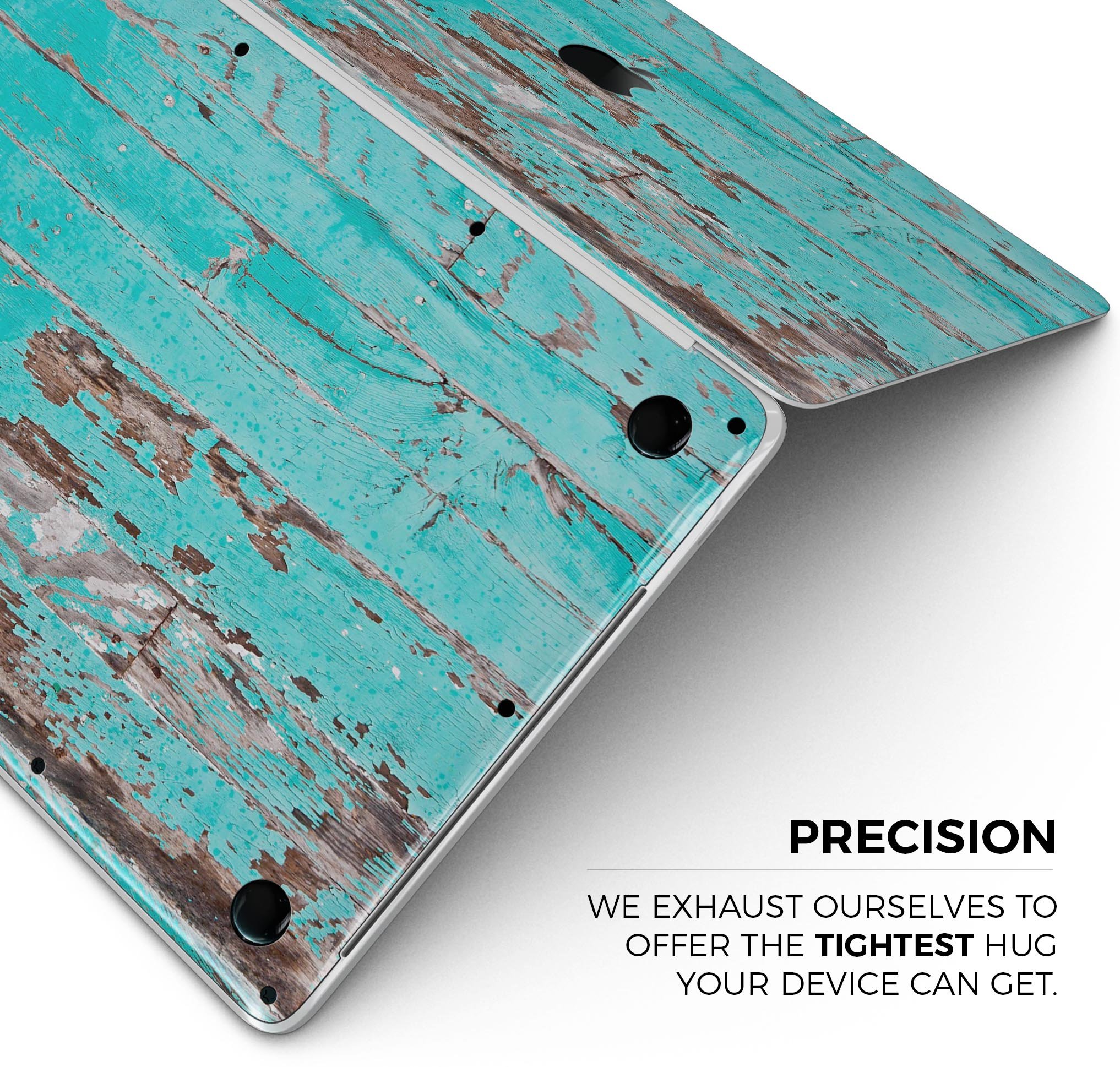 Turquoise Chipped Paint Skin Decal Wrap Kit for MacBook, showcasing vibrant colors and a stylish wood texture.