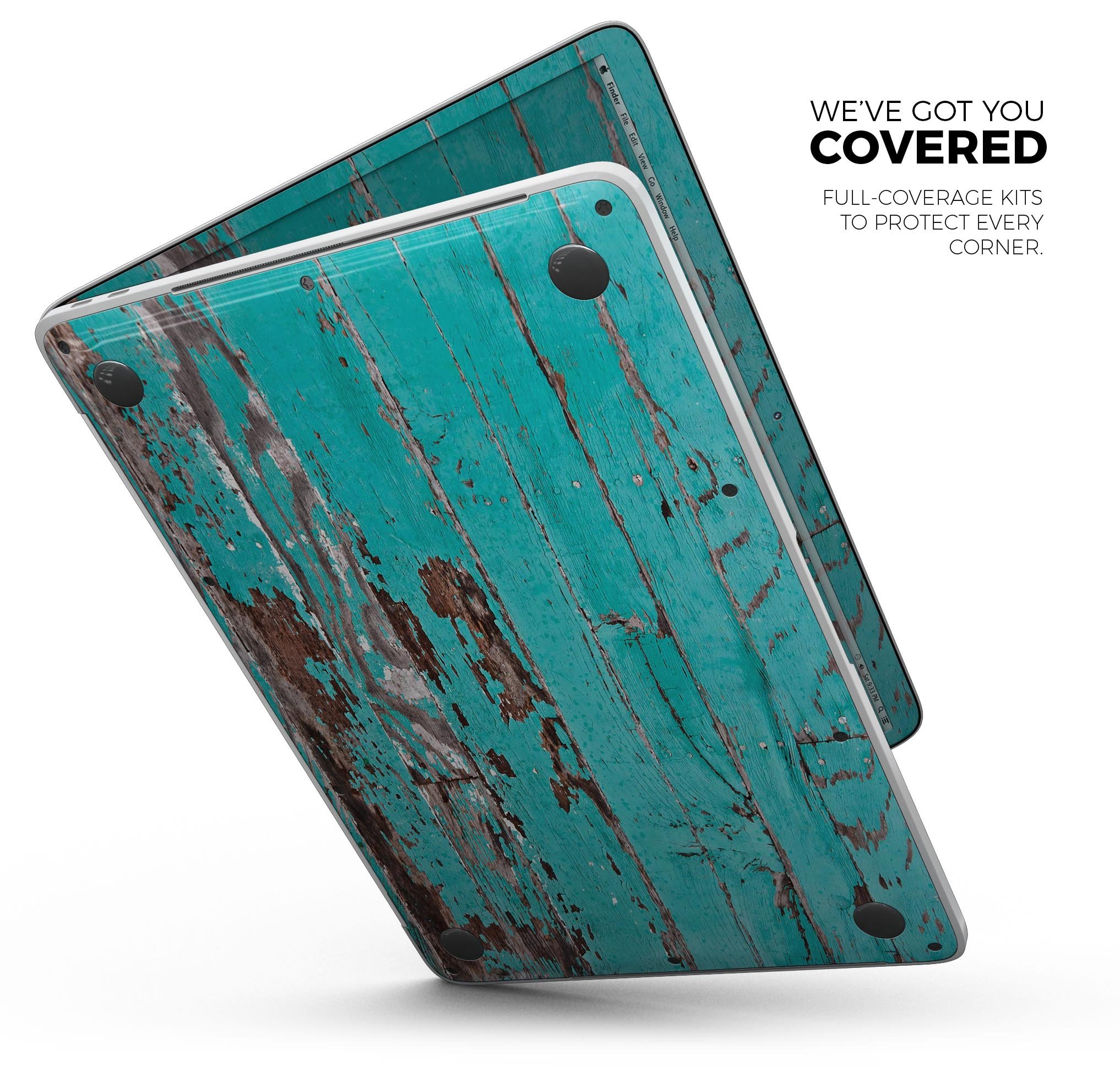 Turquoise Chipped Paint Skin Decal Wrap Kit for MacBook, showcasing vibrant colors and a stylish wood texture.