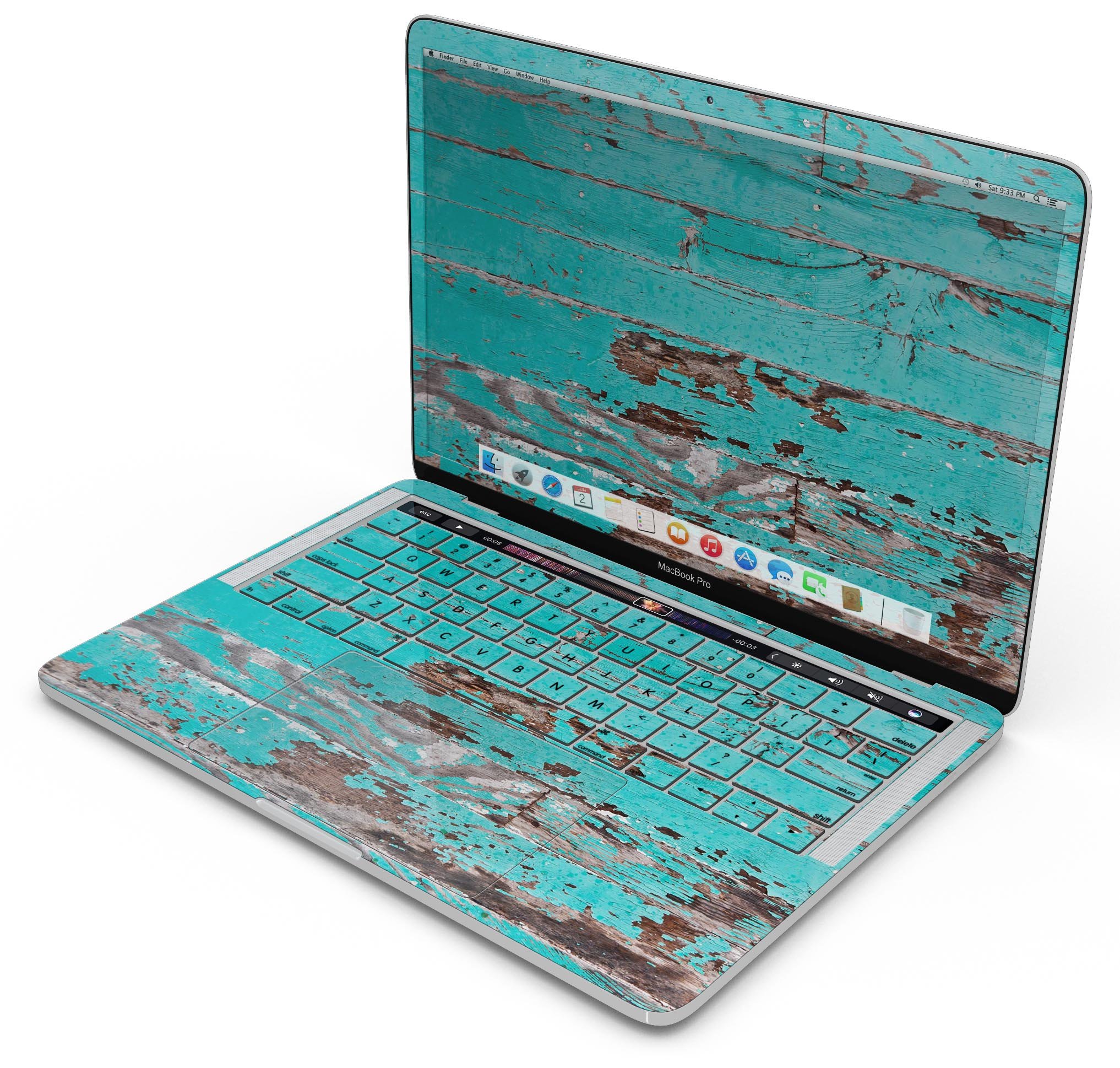 Turquoise Chipped Paint Skin Decal Wrap Kit for MacBook, showcasing vibrant colors and a stylish wood texture.