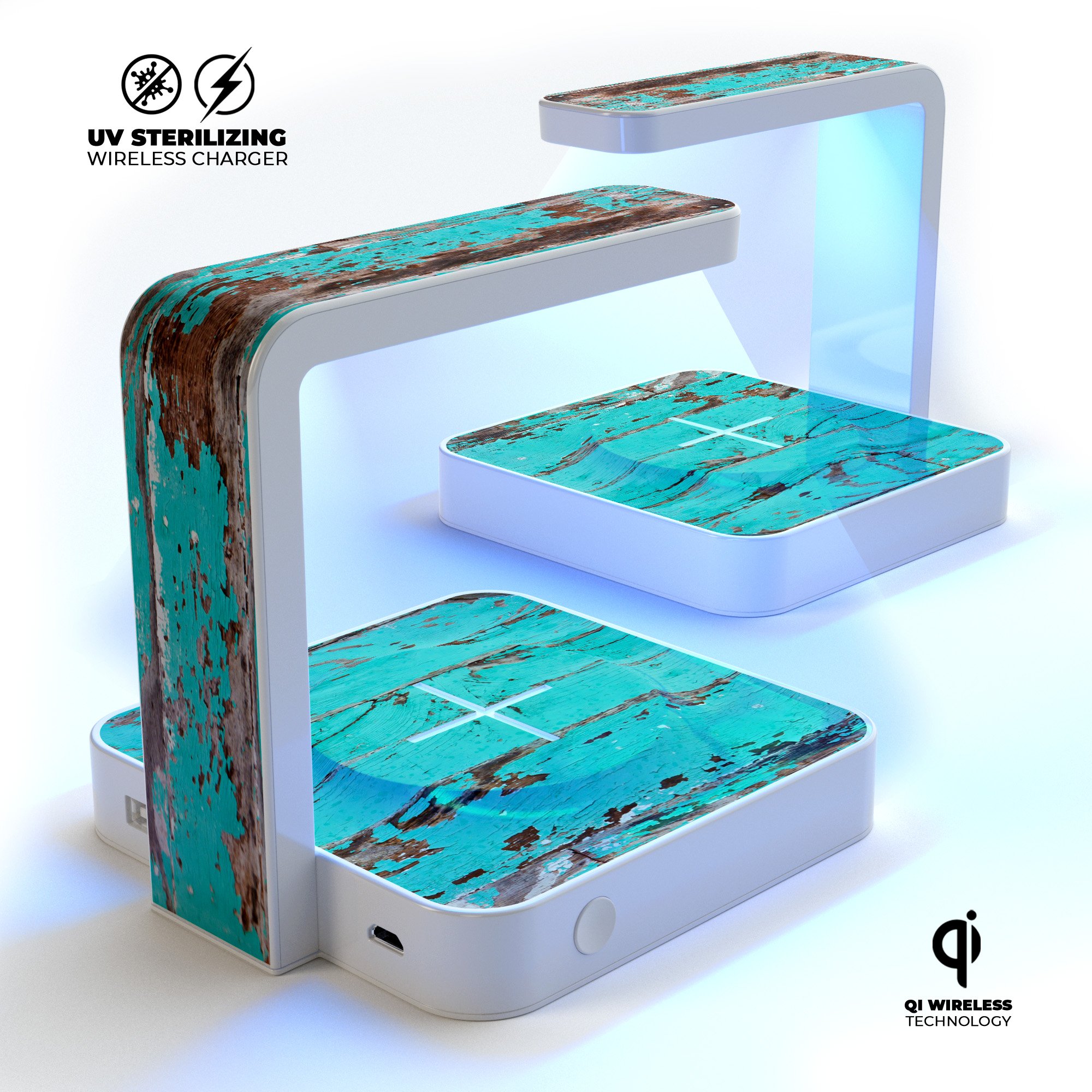 Turquoise Chipped Paint on Wood UV Germicidal Sanitizing Wireless Charger with decorative skin-kit and USB cable.