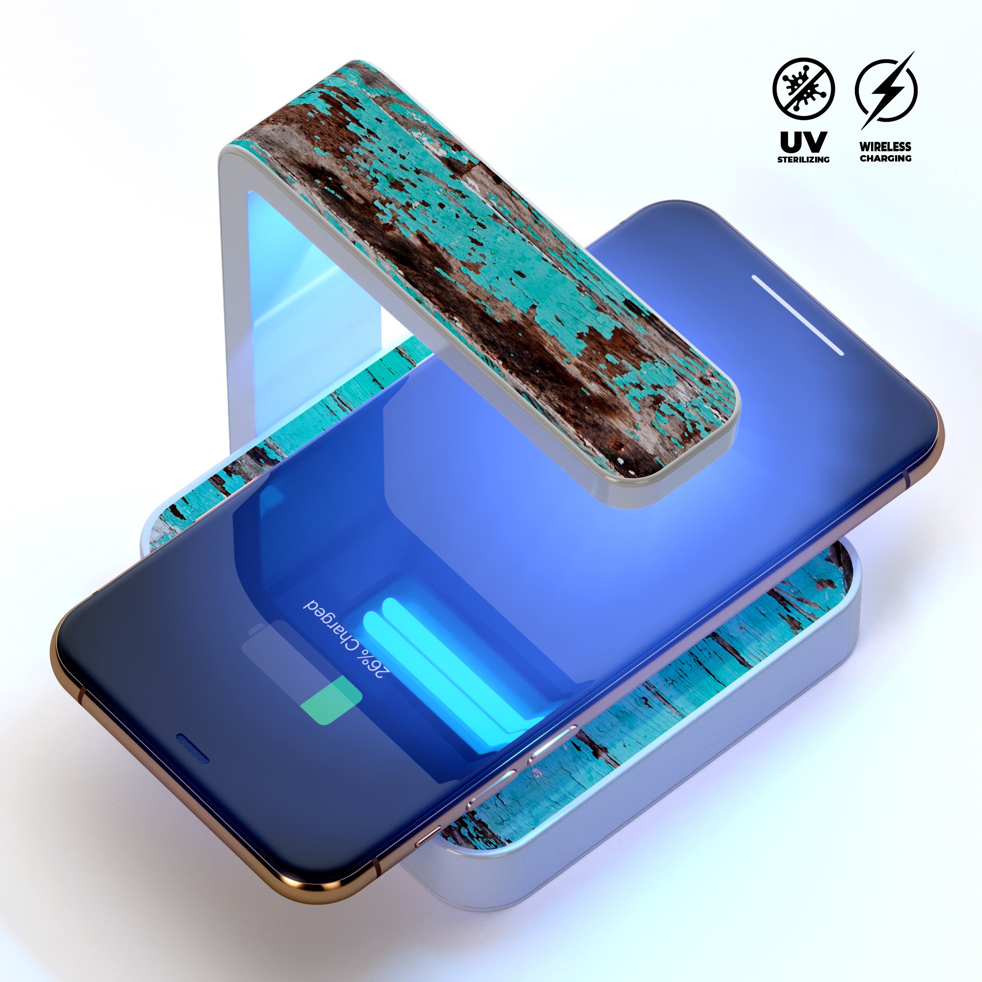 Turquoise Chipped Paint on Wood UV Germicidal Sanitizing Wireless Charger with decorative skin-kit and USB cable.