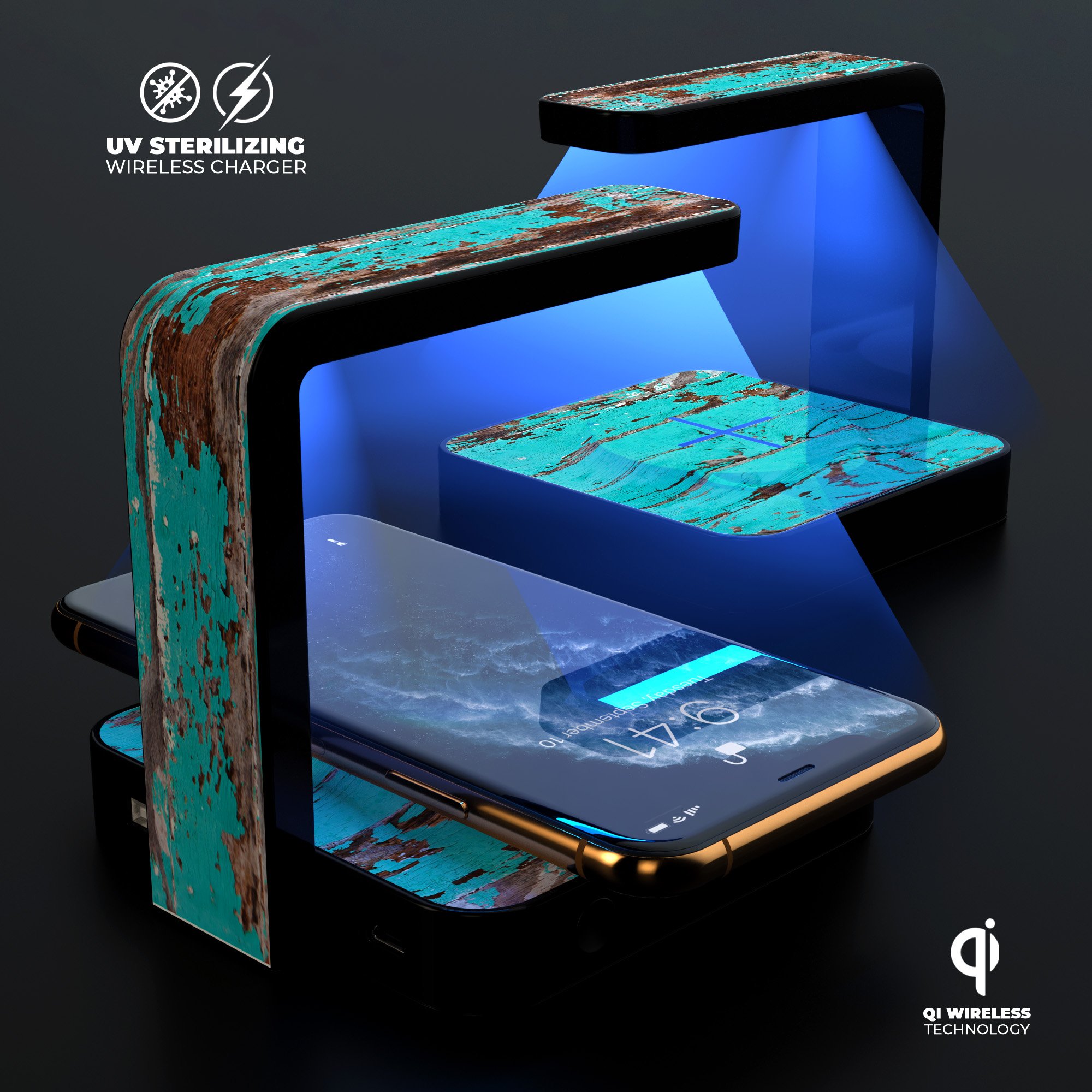 Turquoise Chipped Paint on Wood UV Germicidal Sanitizing Wireless Charger with decorative skin-kit and USB cable.