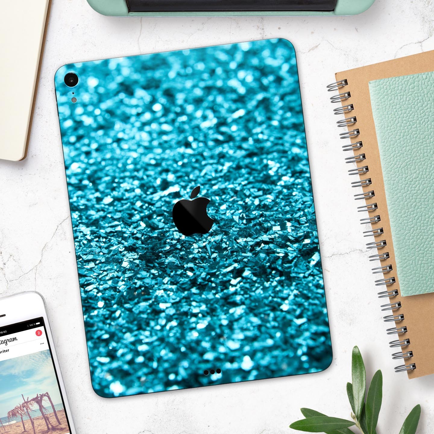 Turquoise Glimmer Full Body Skin Decal for Apple iPad Pro 12.9", showcasing vibrant turquoise design and premium 3M material.