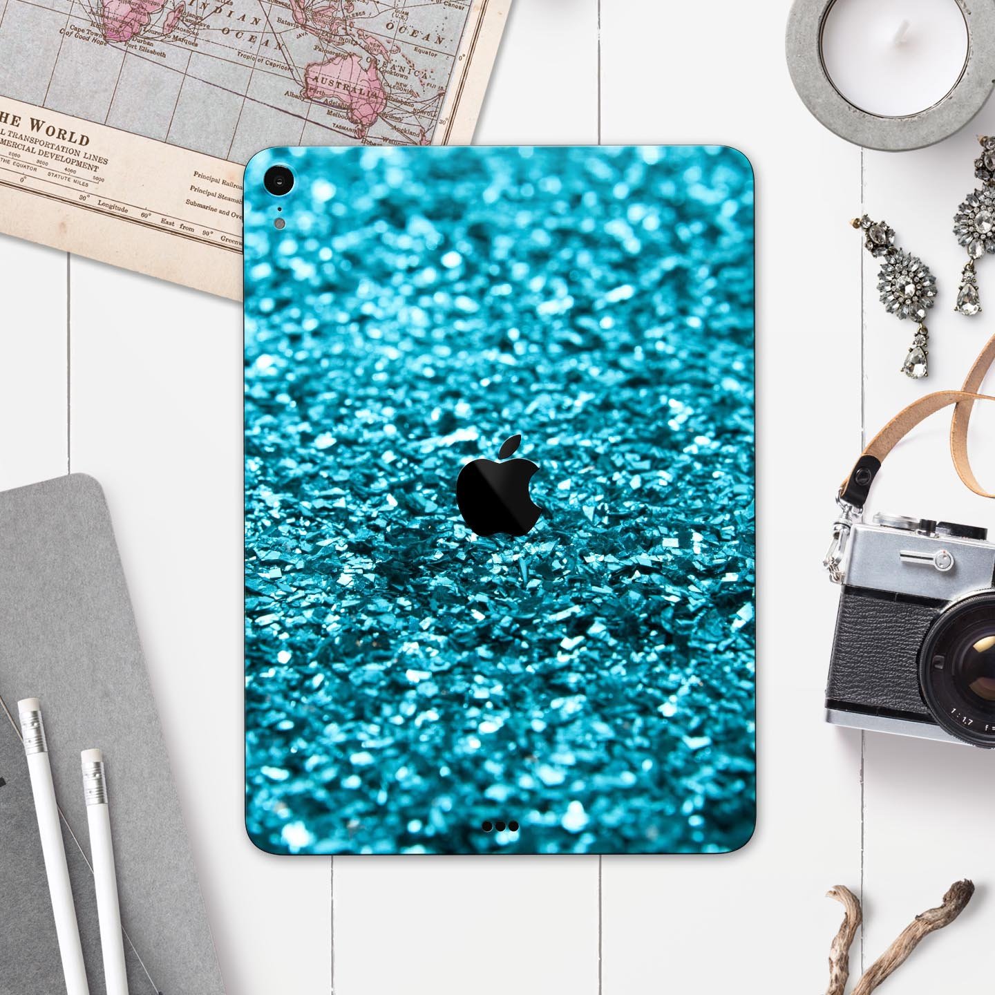 Turquoise Glimmer Full Body Skin Decal for Apple iPad Pro 12.9", showcasing vibrant turquoise design and premium 3M material.