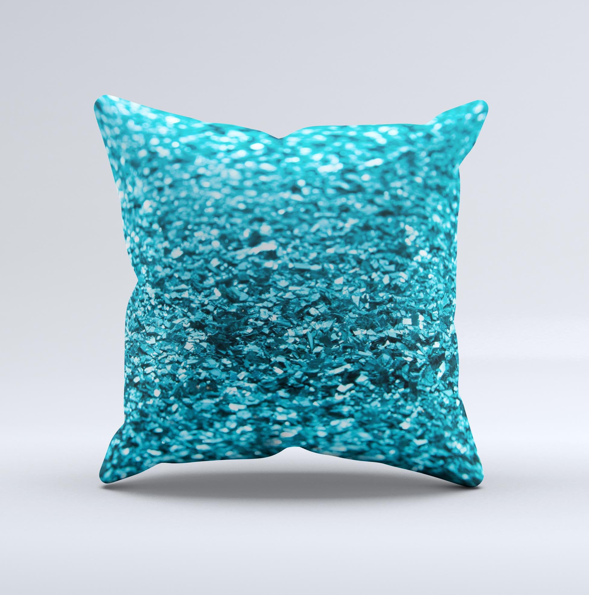 Turquoise Glimmer Ink-Fuzed Decorative Throw Pillow showcasing vibrant color and unique hand-crafted design.