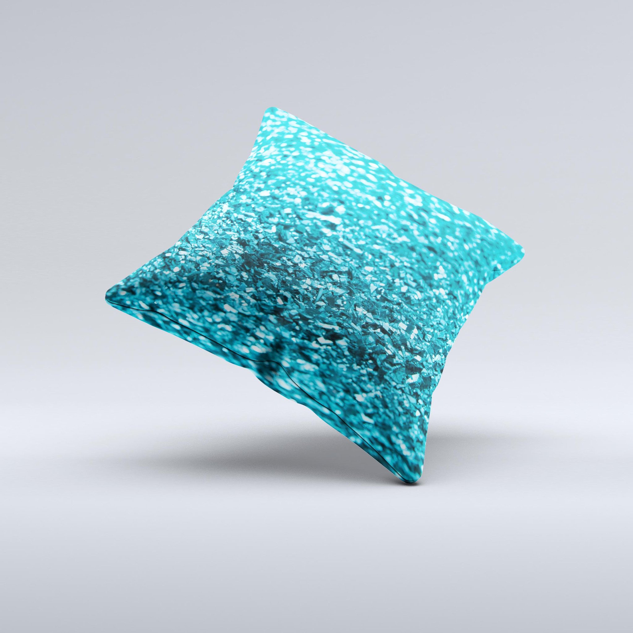 Turquoise Glimmer Ink-Fuzed Decorative Throw Pillow showcasing vibrant color and unique hand-crafted design.