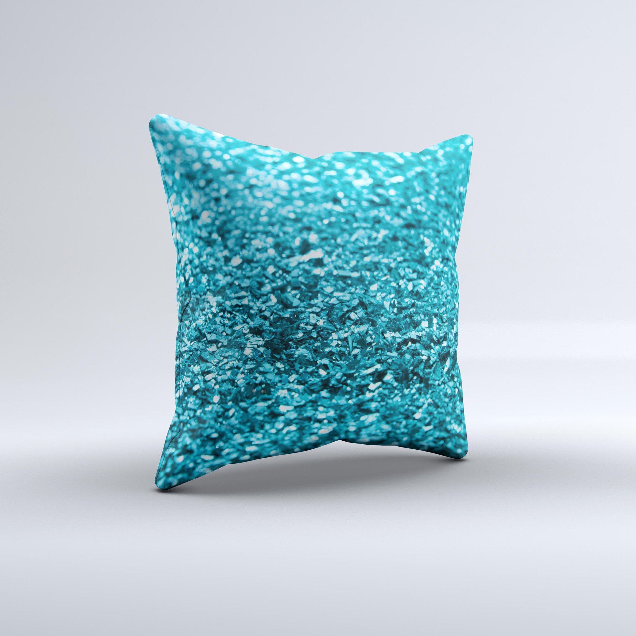 Turquoise Glimmer Ink-Fuzed Decorative Throw Pillow showcasing vibrant color and unique hand-crafted design.