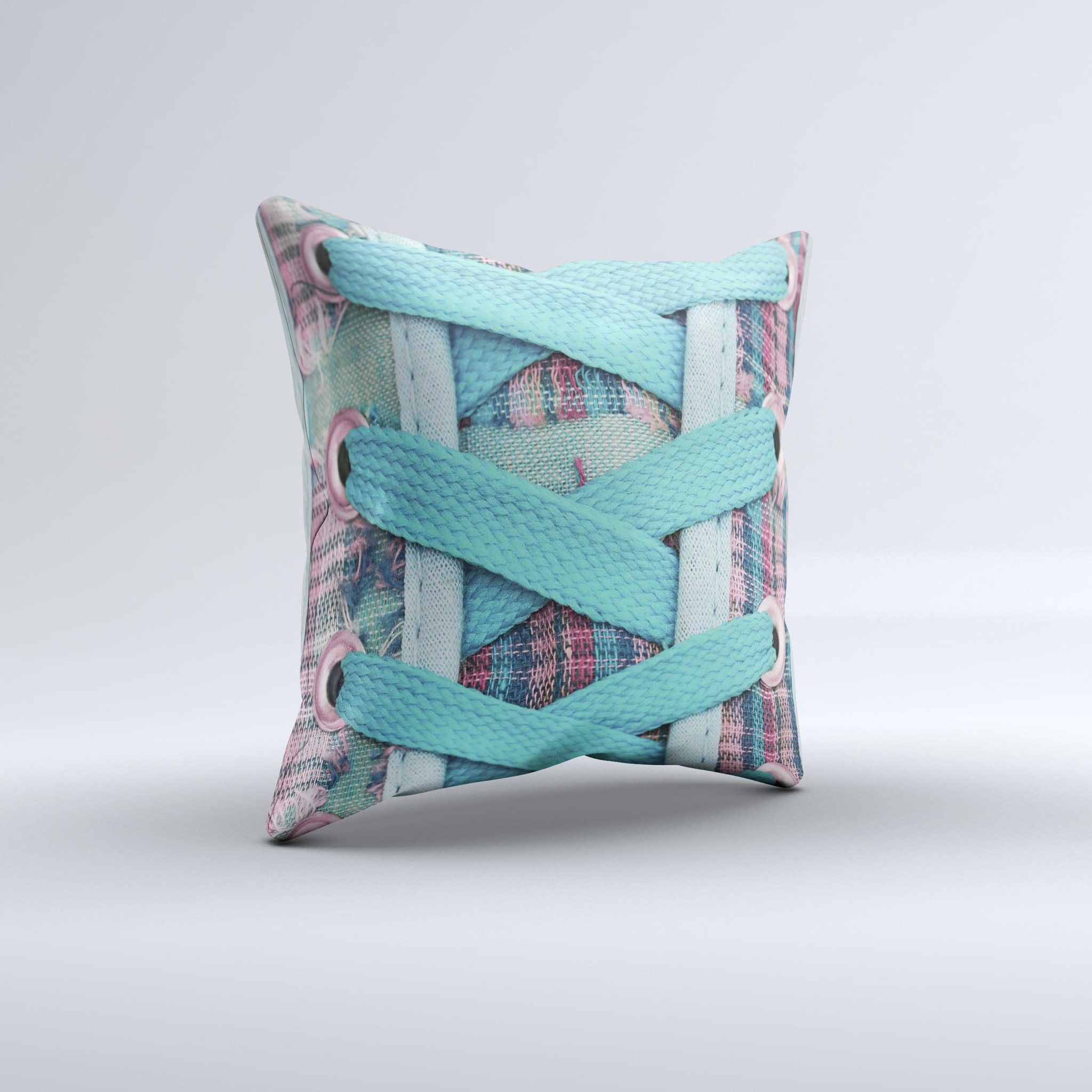 Turquoise Laced Shoe Ink-Fuzed Decorative Throw Pillow showcasing intricate design and vibrant color, handcrafted in Virginia.