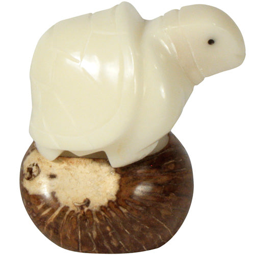 Hand-carved turtle figurine made from tagua nut, showcasing natural colors and intricate details, symbolizing eco-friendliness and artisan craftsmanship.