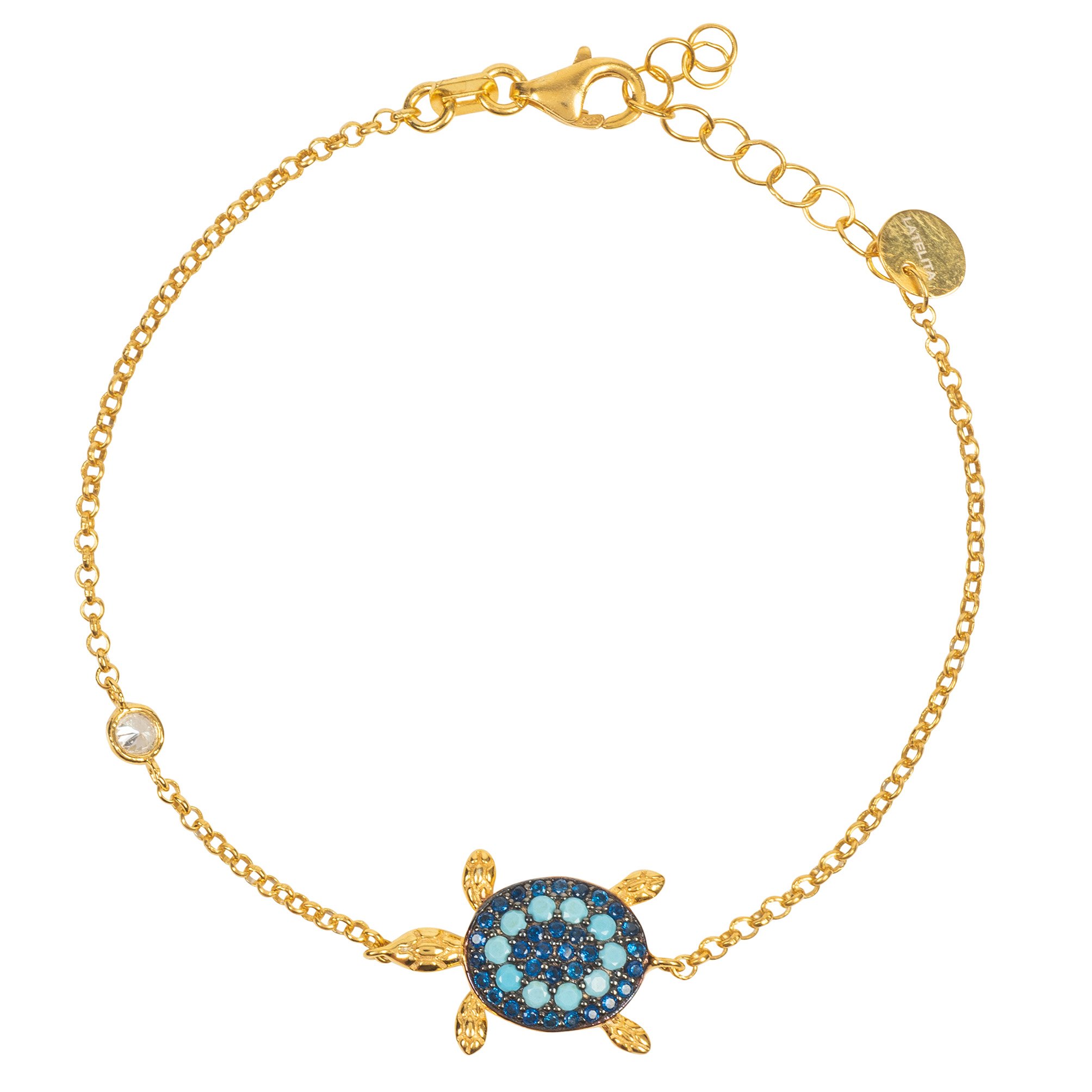 A beautiful Turtle Turquoise Blue Bracelet featuring a sea turtle design, adorned with sparkling turquoise and blue cubic zirconia stones, set in sterling silver with gold plating.