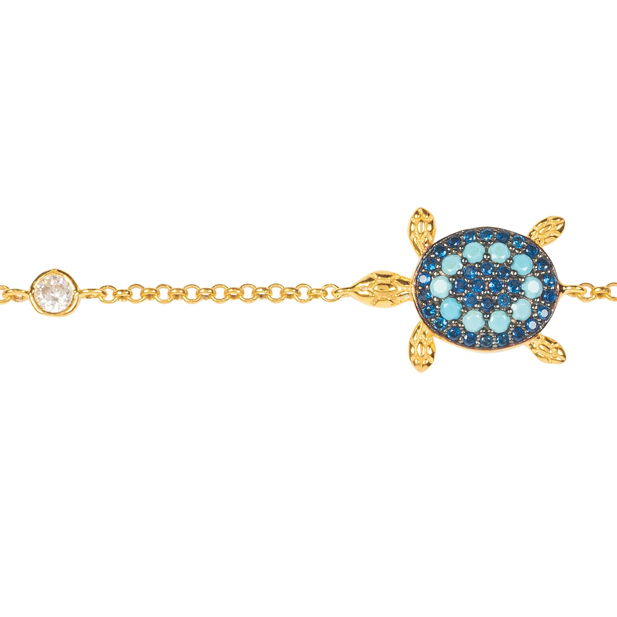 A beautiful Turtle Turquoise Blue Bracelet featuring a sea turtle design, adorned with sparkling turquoise and blue cubic zirconia stones, set in sterling silver with gold plating.