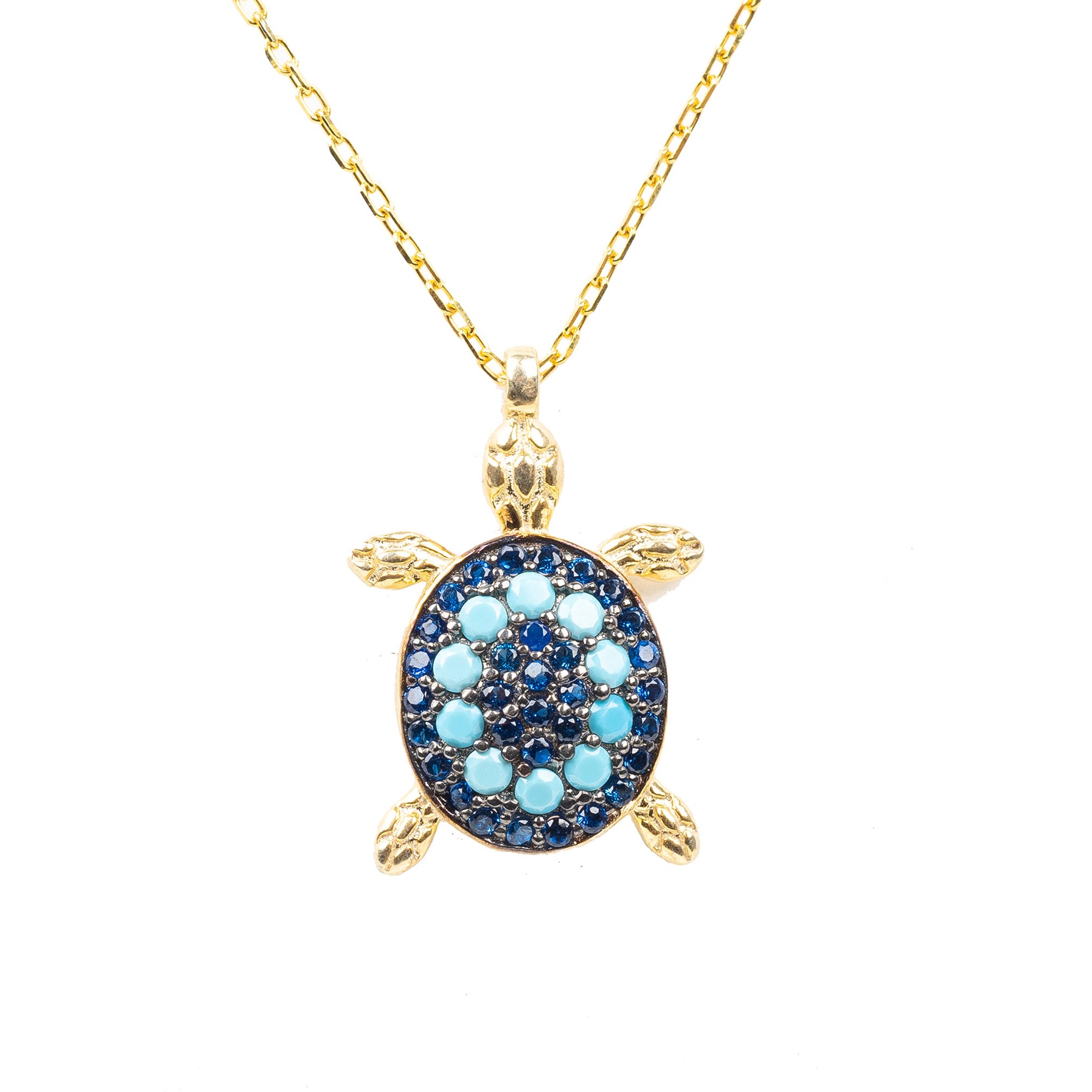 A beautiful Turtle Turquoise Blue Pendant Necklace featuring a gold-plated turtle pendant adorned with sparkling turquoise cubic zirconia on a delicate chain.