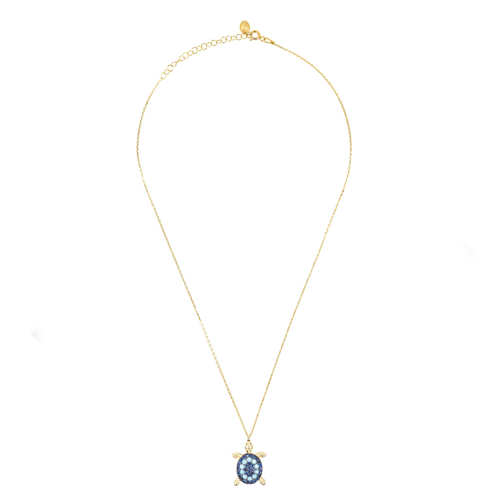 A beautiful Turtle Turquoise Blue Pendant Necklace featuring a gold-plated turtle pendant adorned with sparkling turquoise cubic zirconia on a delicate chain.