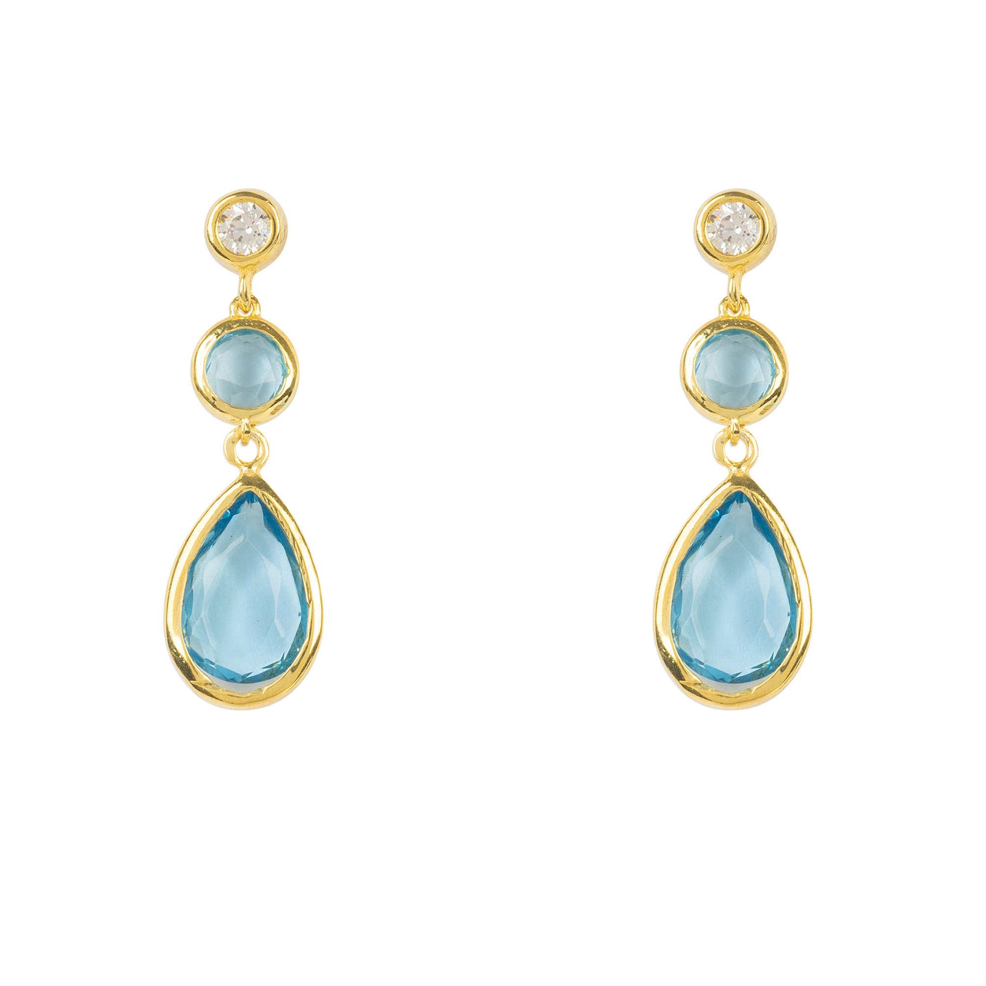 Tuscany Gemstone Drop Earring featuring blue topaz and gold accents, elegantly designed with teardrop gemstones and cubic zirconia.